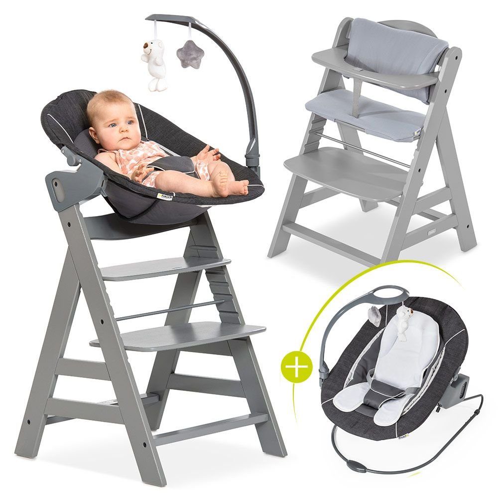 Hauck Hochstuhl Alpha Plus Grau Newborn Set Deluxe (Set, 4 St), Holz Babystuhl ab Geburt inkl. Aufsatz für Neugeborene & Sitzauflage