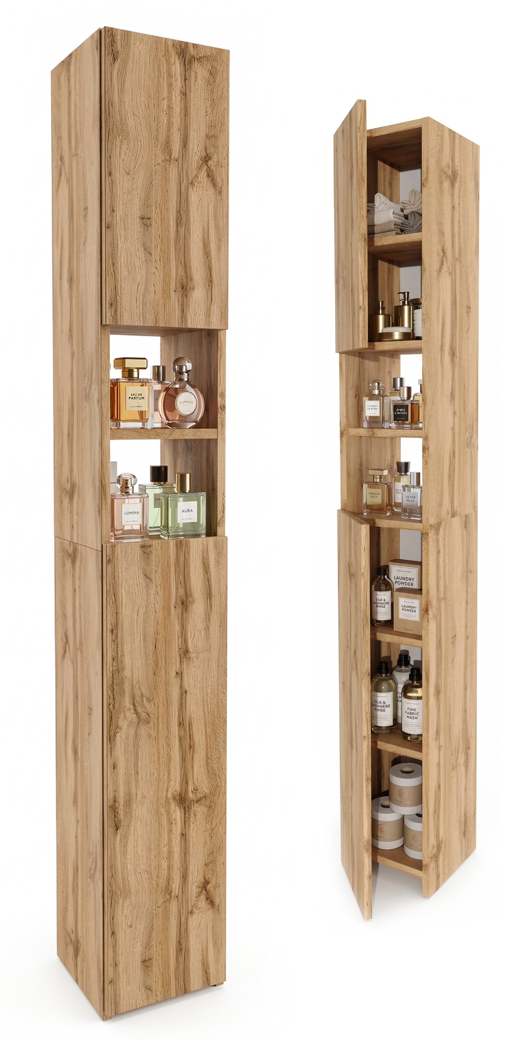 TREND WERK Hochschrank Badschrank schmal stehend B24 x T31 x H172 cm (Schmaler Badezimmerschrank mit Regalfächern & Stauraum) Holzoptik, offene & geschlossene Fächer, Standregal Bad, platzsparend