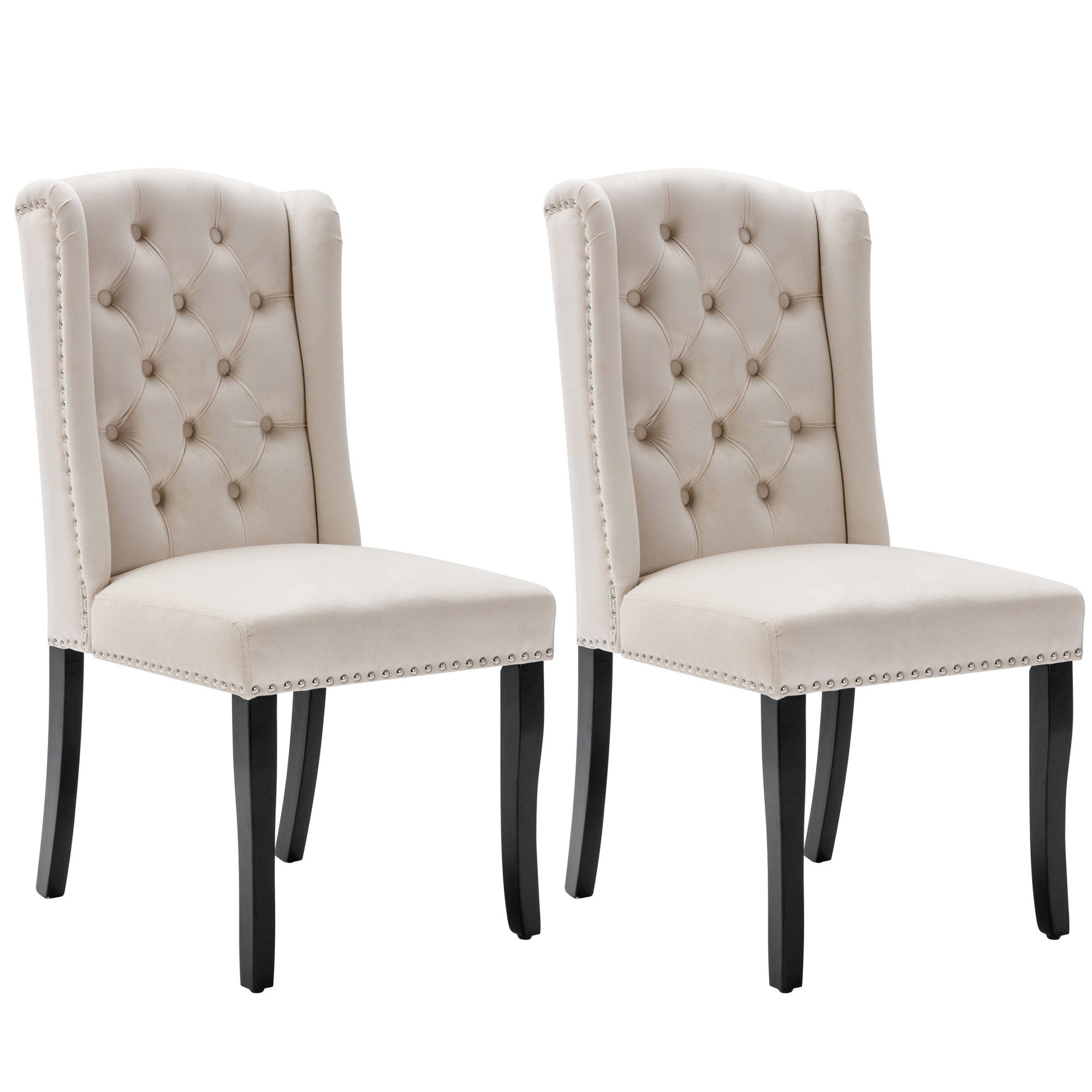 BlingBin Esszimmerstuhl 2er Set Freizeitstuhl, Samt Esszimmerstühle mit Eichenbeinen, Knopf (Chrom Klopfer und Nagelkopf Besatz, 1 St), Schlafzimmerstuhl Küchenstuhl Wohnzimmer Lounge, Beige