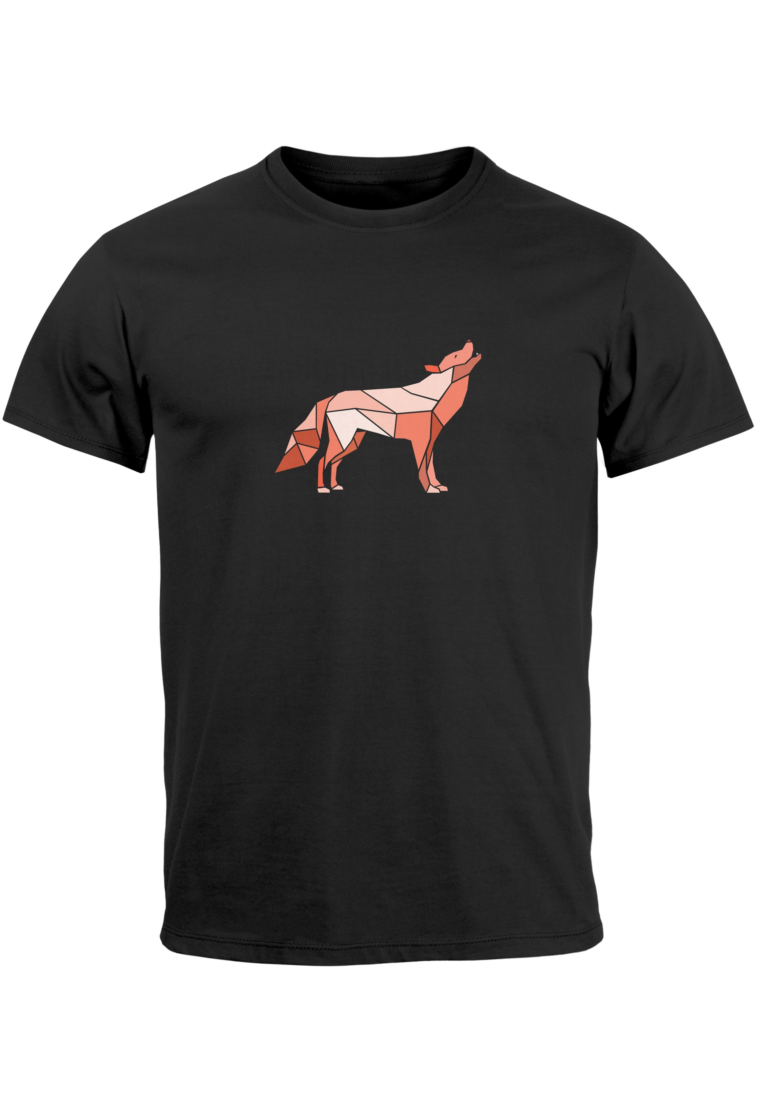 Neverless Print-Shirt Herren T-Shirt Bedruckt schwarz Fashion Tiermotiv Outdoor mit Polygon Wolf Grafik Print