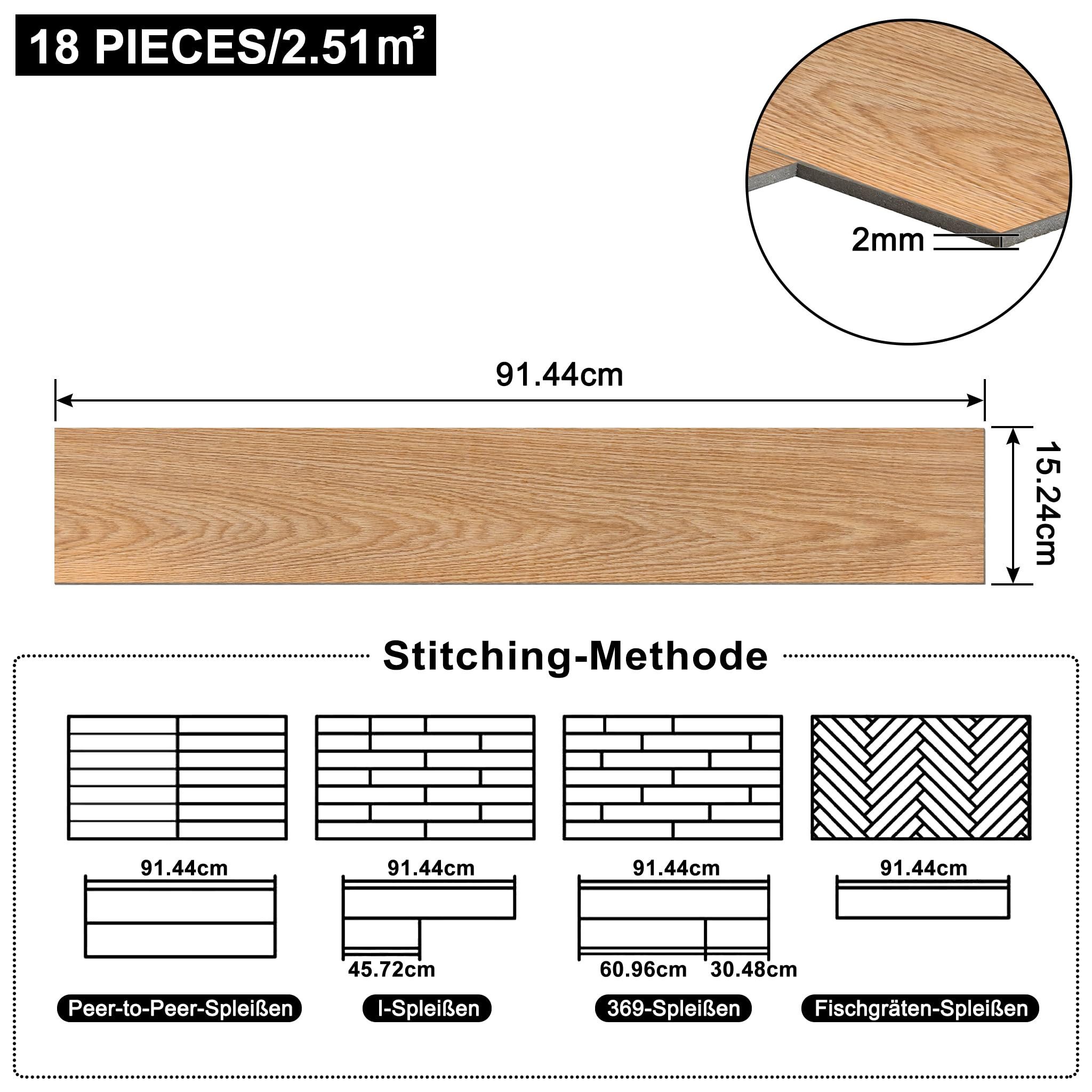 FIVMEN Vinylboden PVC Bodenbelag Selbstklebend, Holzmaserung Dielen, Bodenfliesen, 18/36 Stück, 2.51/5.2 m² Schneidbar Fliesen für Schlafzimmer, Küche