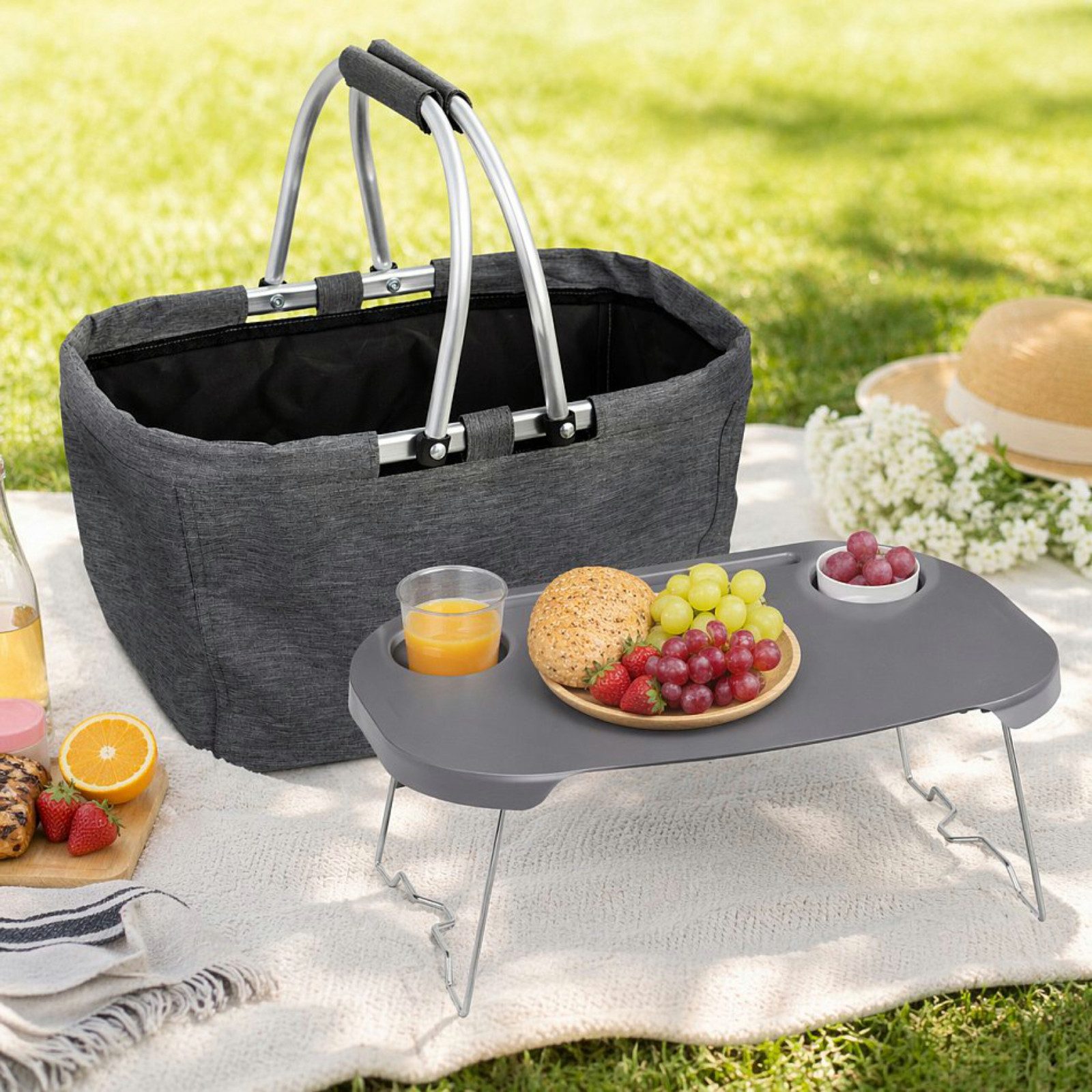 Haushalt International Picknickkorb Tragekorb Einkaufskorb Campingkorb 2in1 43x28x26cm Grau (1 St), inkl. Klapptisch, Polyester, Kunststoff, ca. 25L, Tragegriffe