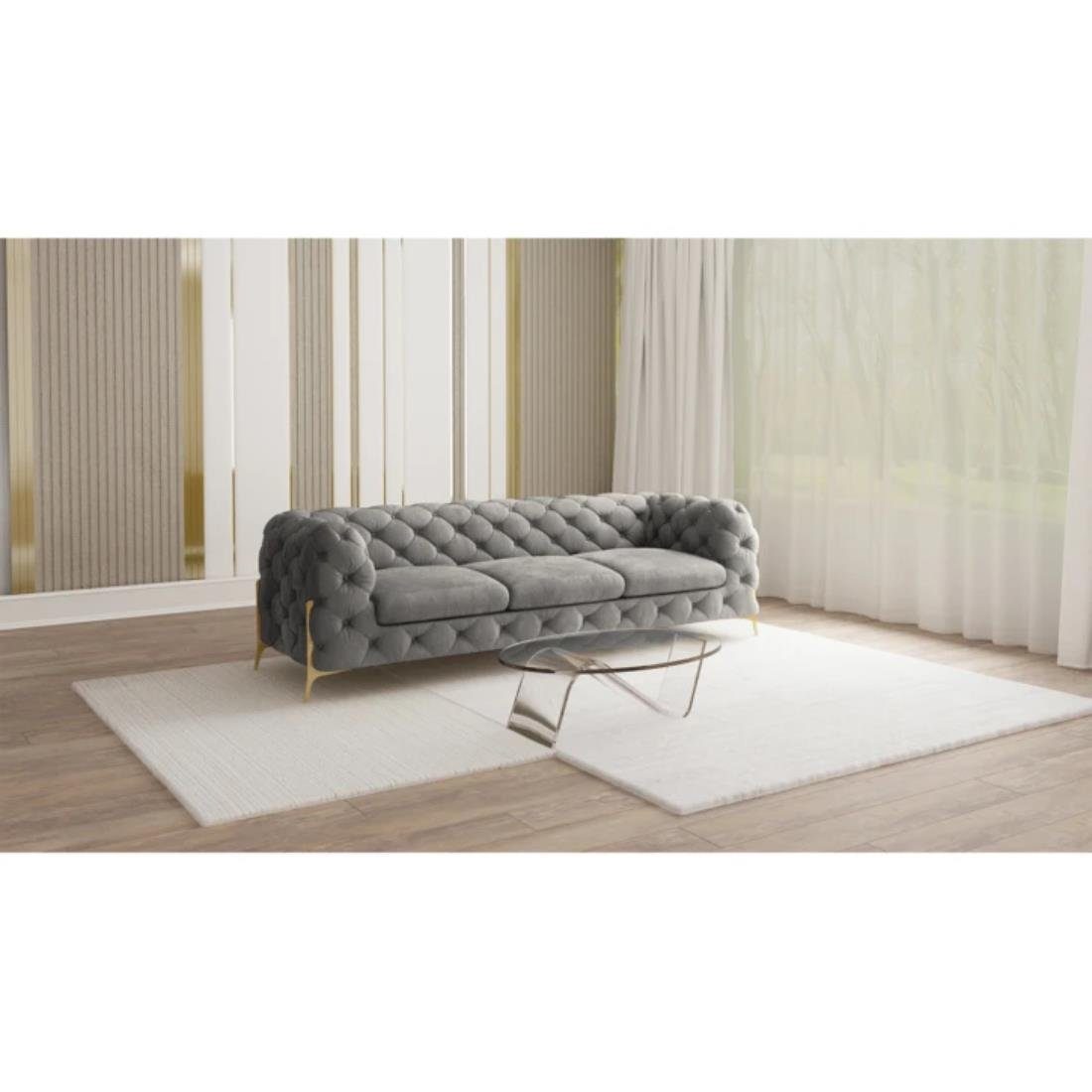 S-Style Möbel 3-Sitzer Ashley Chesterfield Sofa mit Goldene Metall Füßen, mit Wellenfederung Grau
