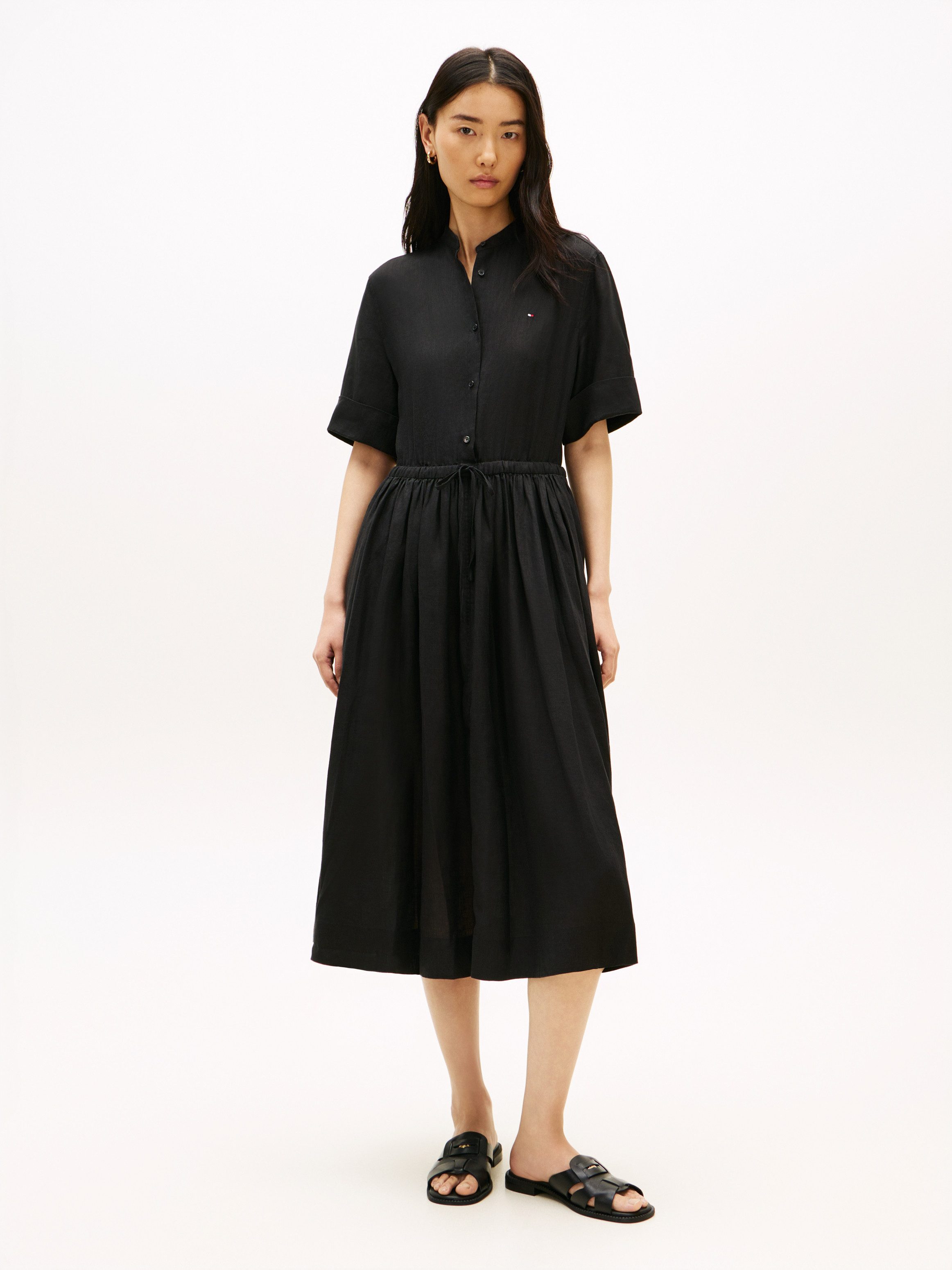 Tommy Hilfiger Sommerkleid ESS LINEN SHORT SLEEVE SHIRT DRESS in Midi-Länge, mit Taillen-Band zum Binden