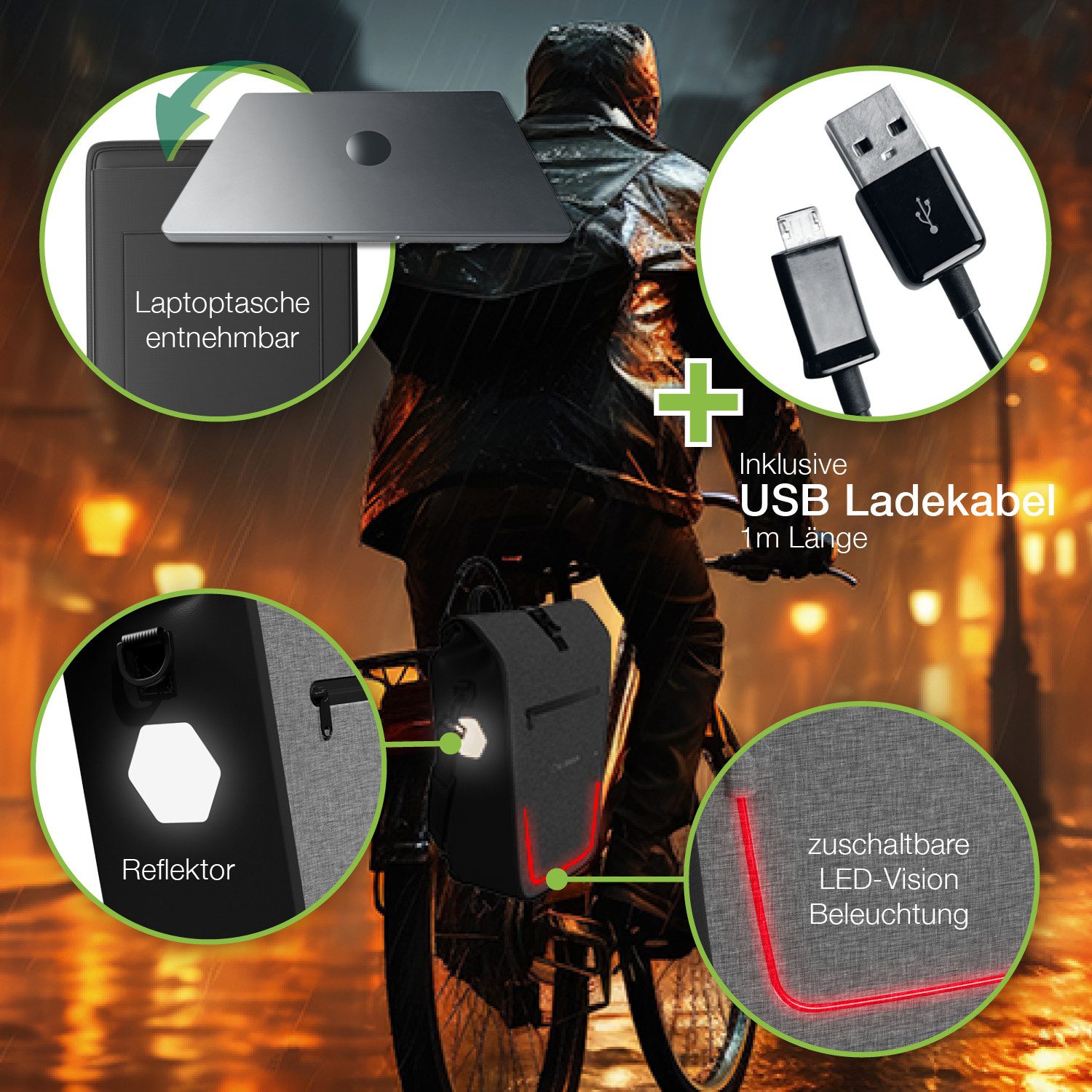 ELONEO Fahrradtasche Gepäckträgertasche, Satteltasche mit Reflektorstreifen, wasserdicht mit LED