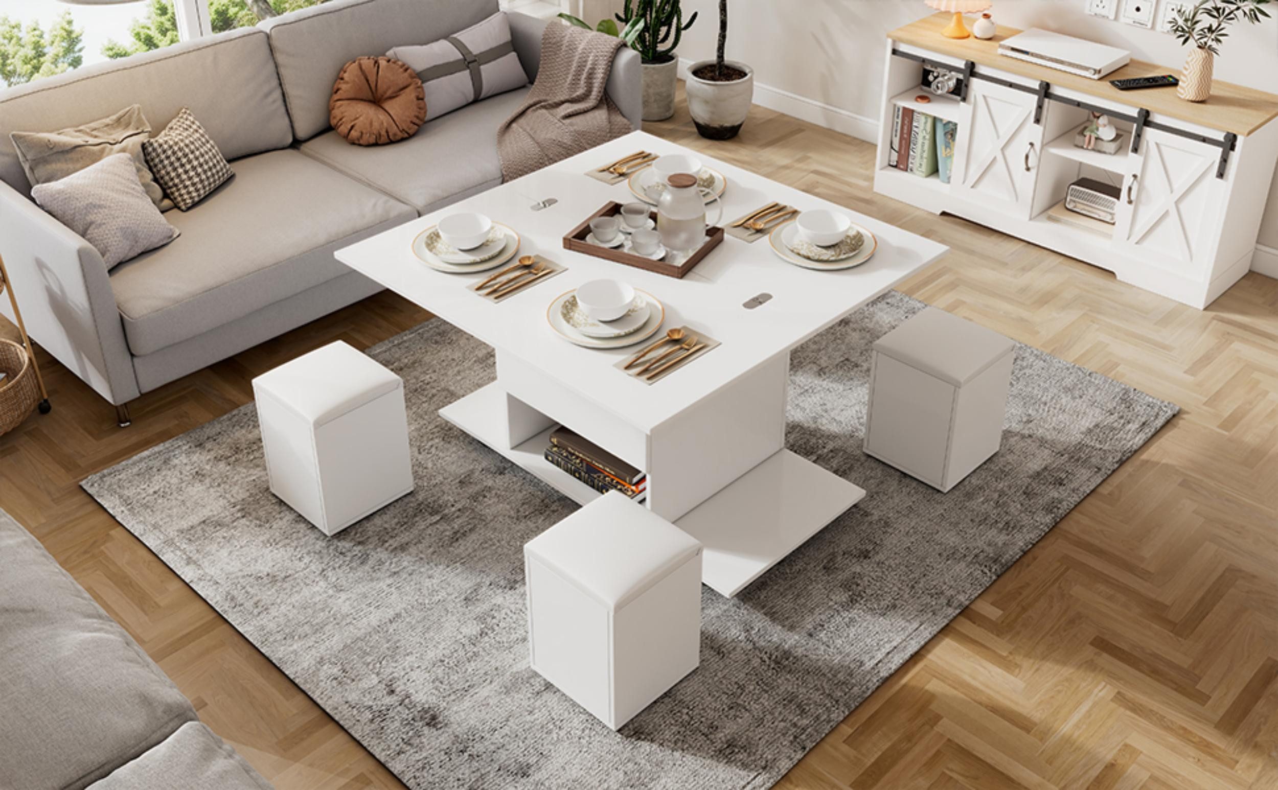 autolock Couchtisch Multifunktionaler Couchtisch mit aufklappbarer Tischplatte 4 Hocker (Verstellbarer Tisch 2-fach hebbar Versteckter Hocker mit Stauraum), Sofa-Beistelltisch für Wohnzimmer, Freizeit, Kleine Wohnung