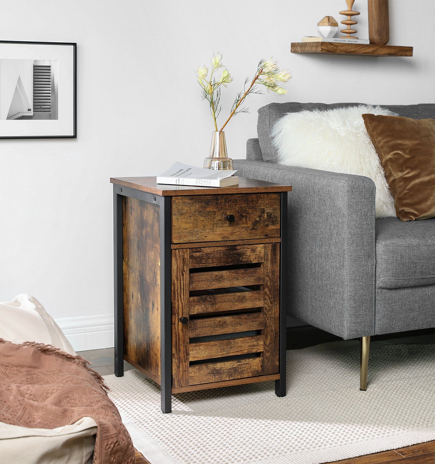 VASAGLE Nachtschrank Nachttische (1-St) Beistelltisch mit Lamellentür, Industrie-Design, vintage