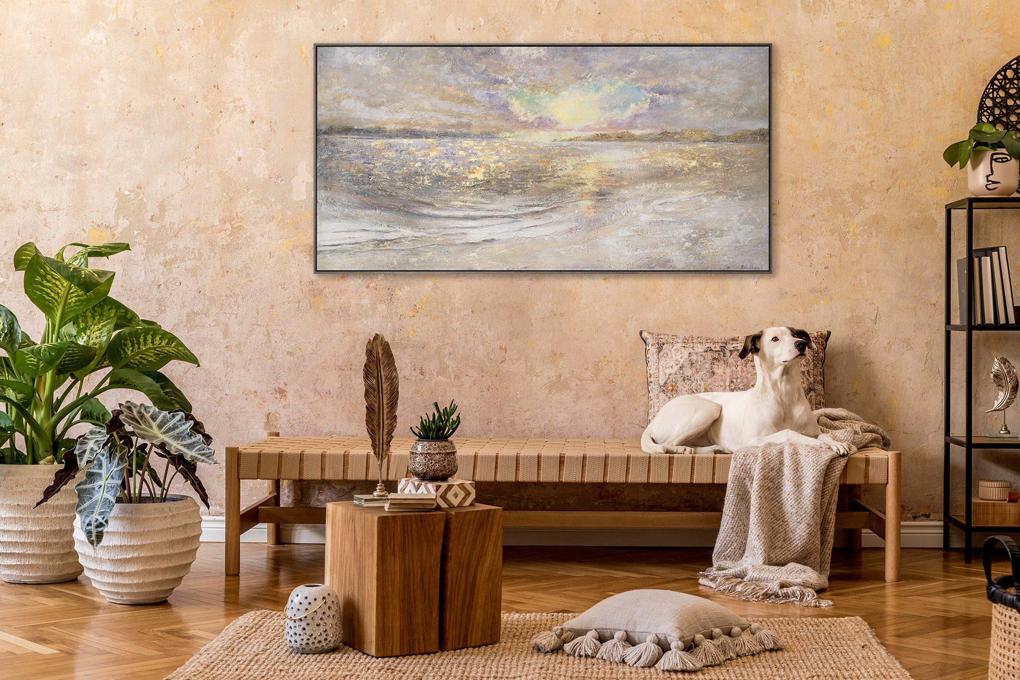 YS-Art Meer Sonnenuntergang Leinwand Meer Rahmen Landschaft, Mit Gemälde Dämmerung, Strand Bild Grau in am Handgemalt