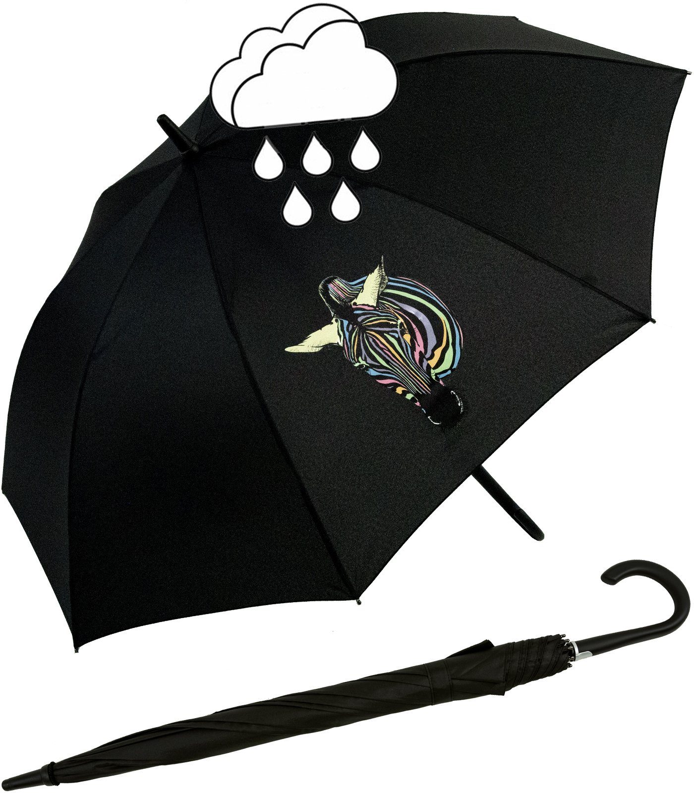 Impliva Stockregenschirm Damen-Regenschirm mit Auf-Automatik und Wow-Effekt, Wetprint Farbwechsel bei Nässe - Zebra
