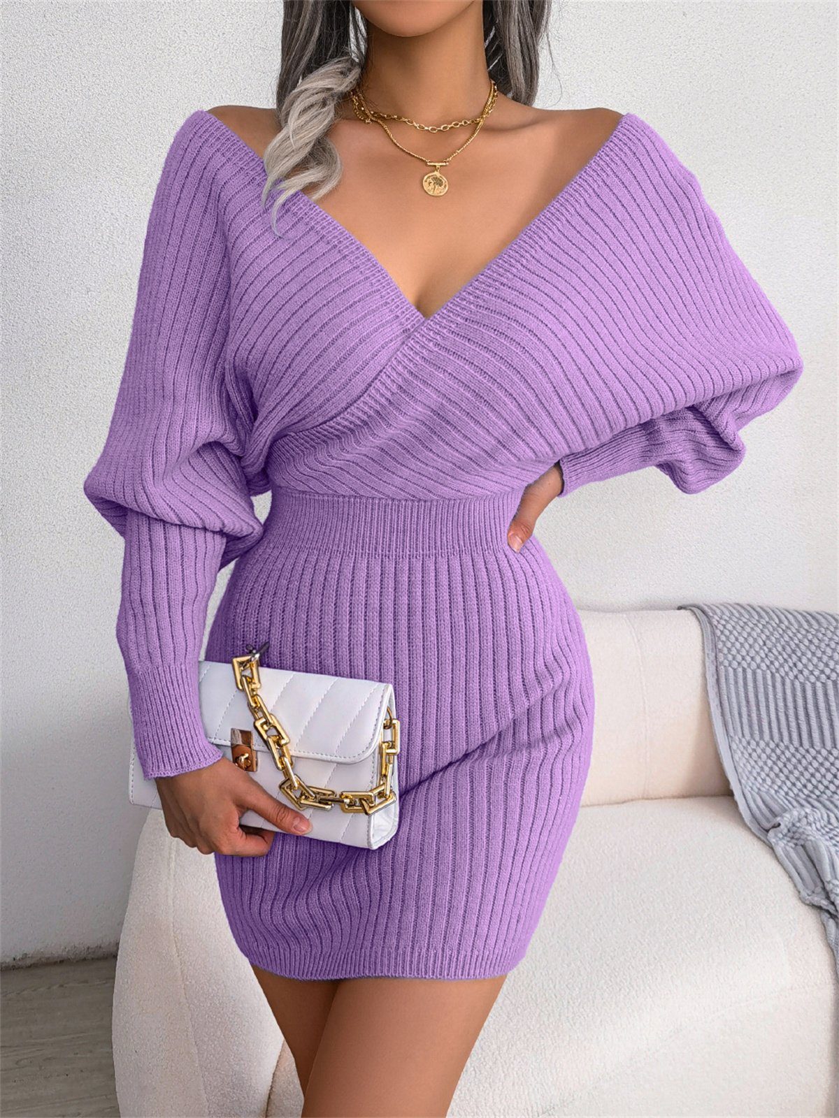 carefully selected Strickkleid Sexy Damen-Tunika-Pulloverkleid mit V-Ausschnitt und Jersey lila | Strickkleider