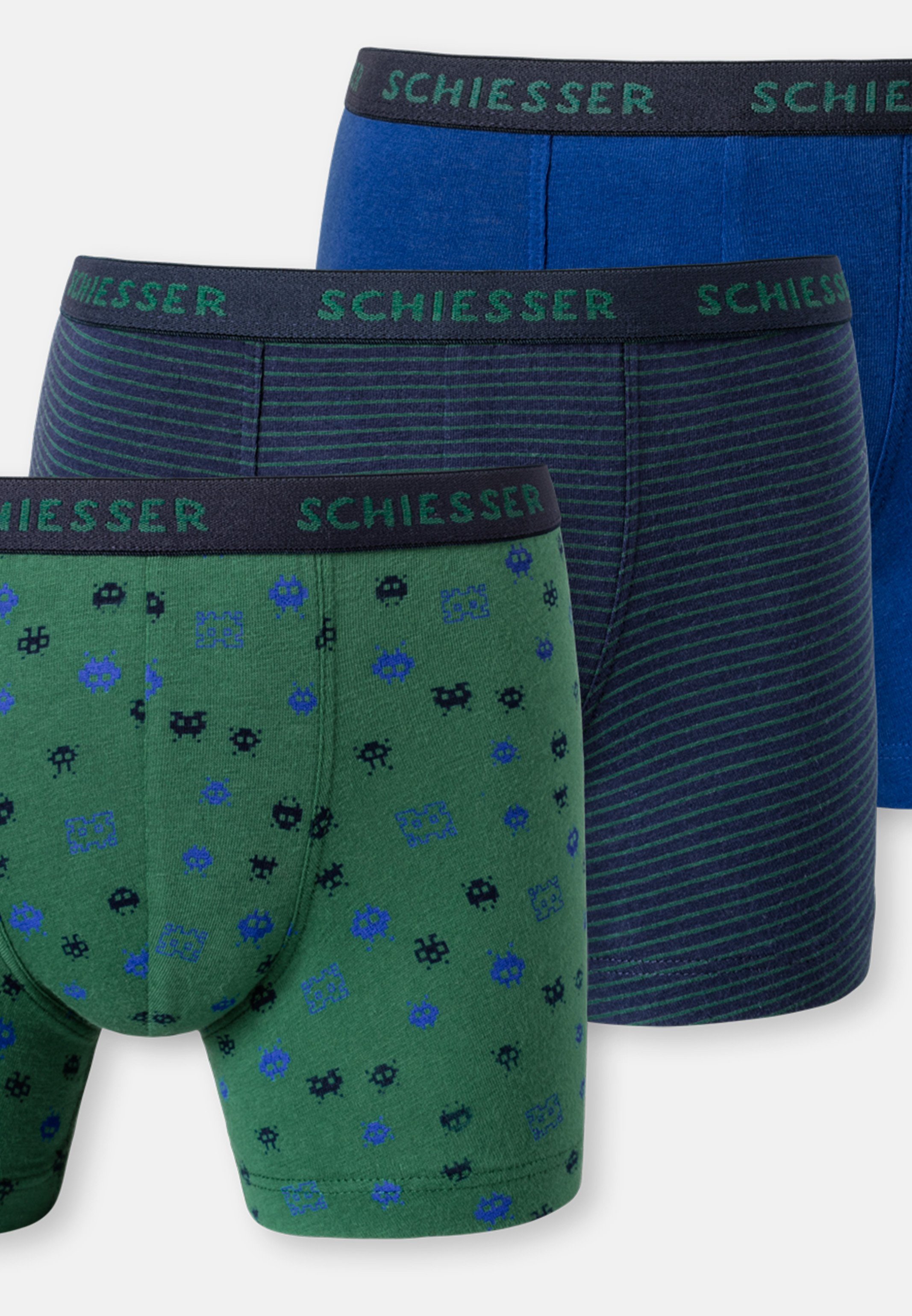 Schiesser Retro Boxer Organic - Pant (Spar-Set, Grün/Blau - Kids Eingriff Baumwolle 95/5 gemustert - Ohne 3er Boys / Retro-Short Pack Cotton 3-St)