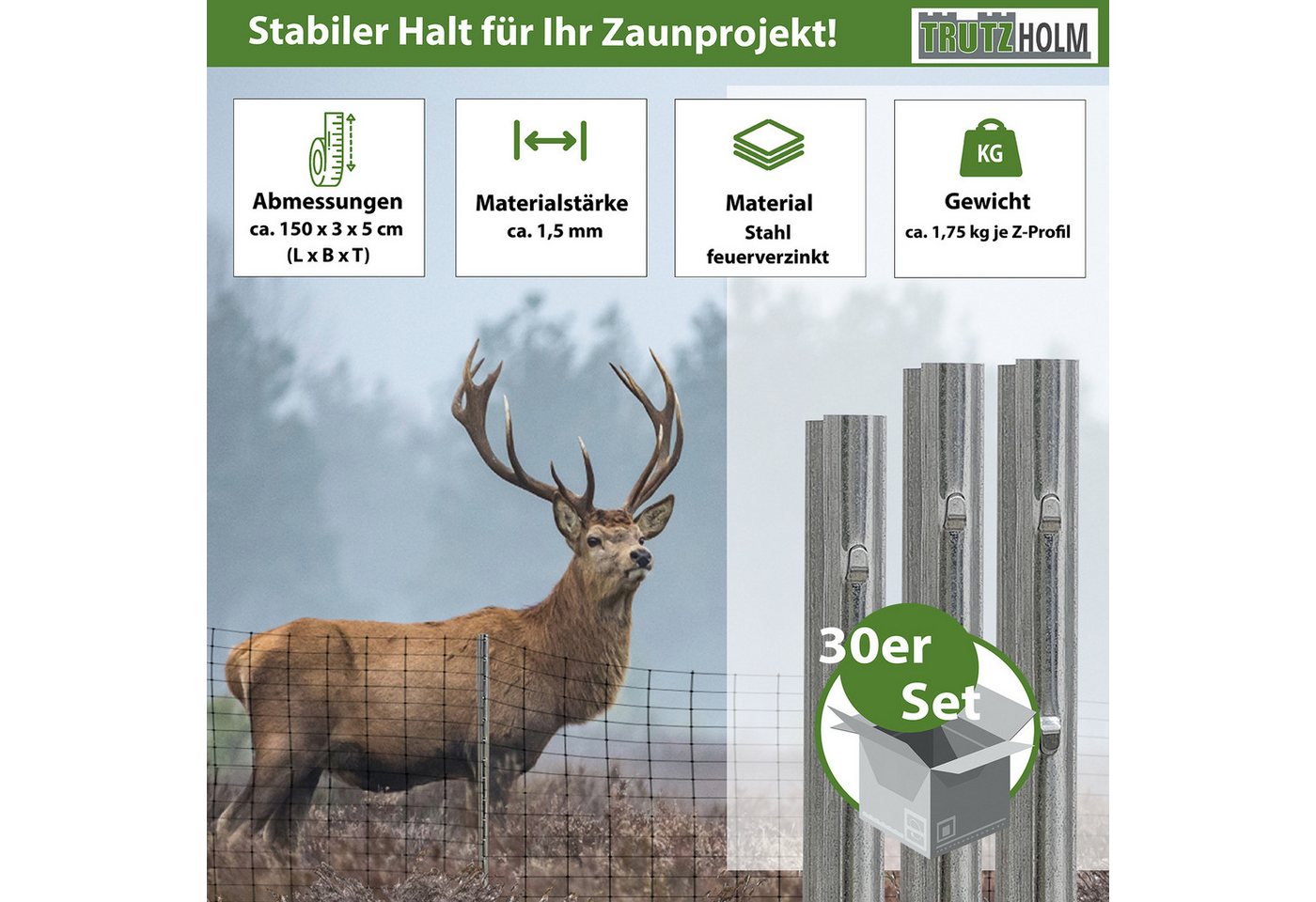 Thumbnail - TRUTZHOLM Zaunpfosten Z-Profil 150 cm feuerverzinkt 30x Zaunpfähle 1,5 mm Stärke, (Set), wetterbeständig, robust, stabil...