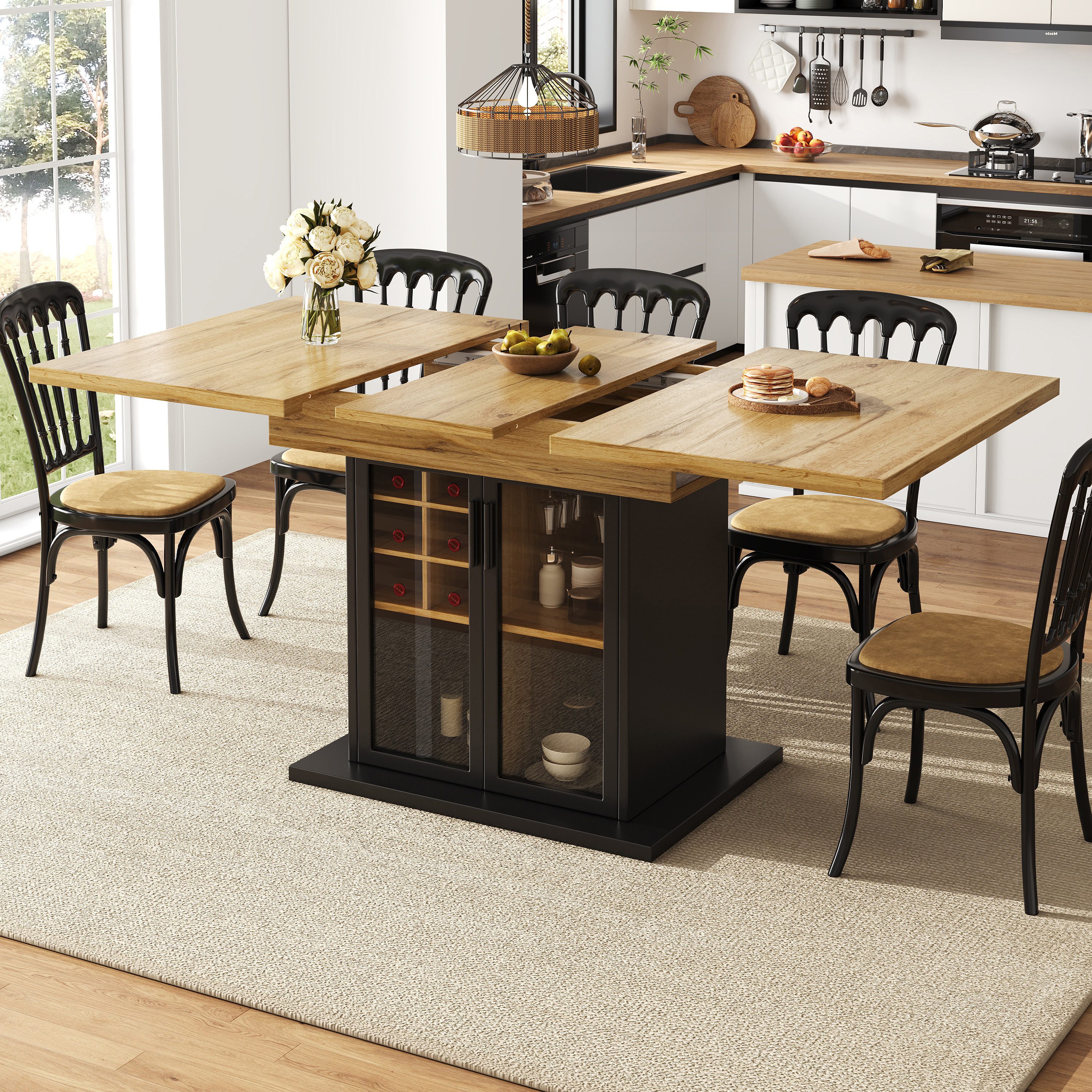 KLAM HOME Esstisch Ausziehbarer Esstisch Mit Teleskopfunktion Und Integriertem Weinregal (110-140x80cm Küchentisch Für 4-6 Personen), Platzsparender Tisch Mit Brauner Glastür Und Soft-Close System
