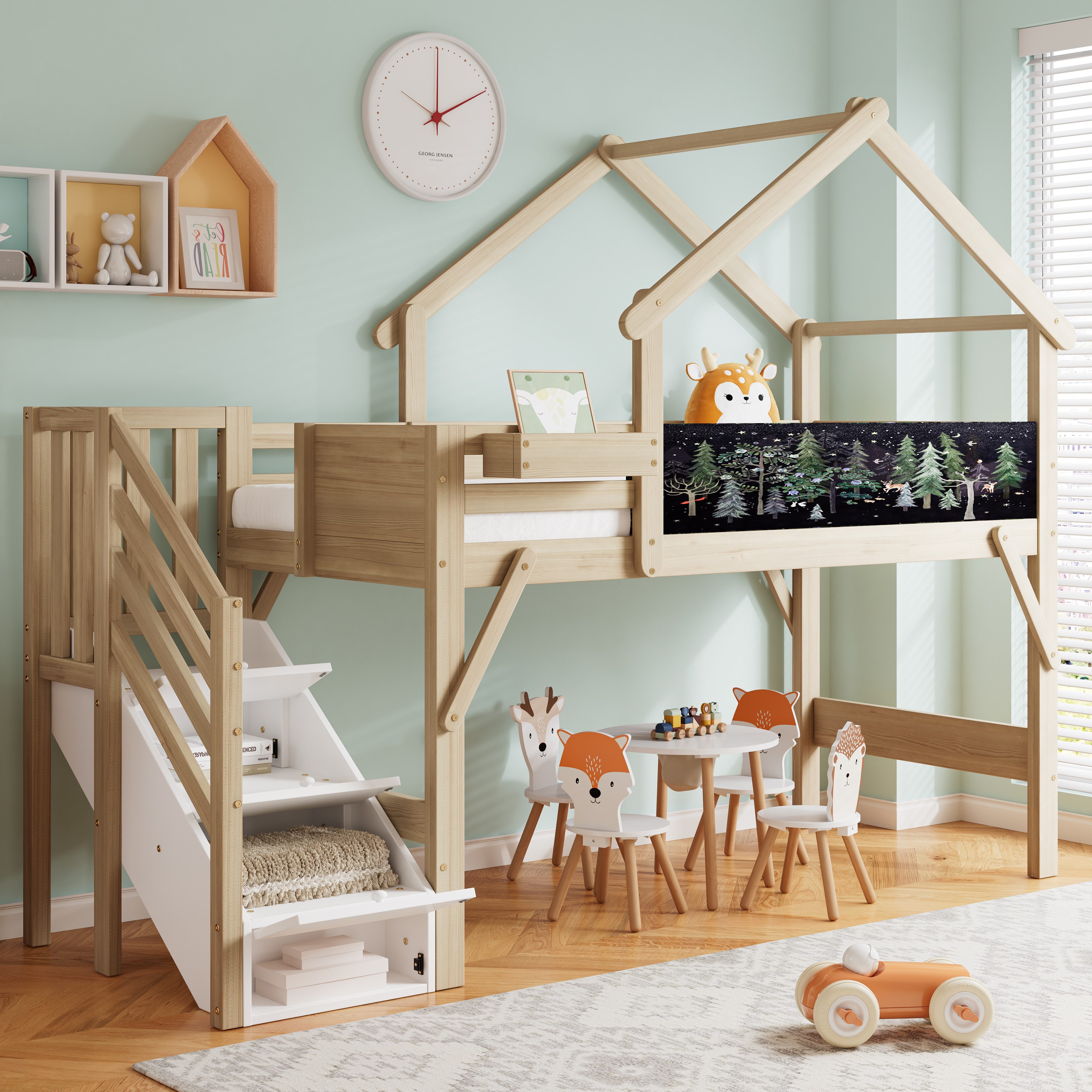 REDOM Etagenbett Einzelbett,Kinderbett,Funktionsbett,Mit 3 Schließfächer (Etagenbett 90x200 cm mit Dachdesign, Graffiti-Tafel und Stauraumtreppe – Kinderbett mit Fallschutz, 3 Aufbewahrungsboxen., 90x200 cm)