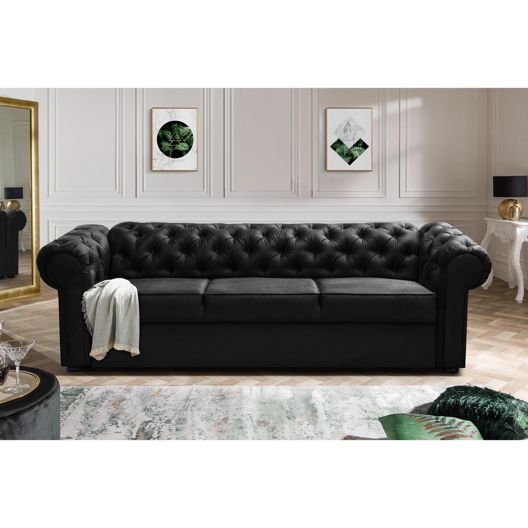 Beautysofa 3-Sitzer Chester, Sofa mit Steppung, Dreisitzer Sofa aus Velours, mit Relaxfunktion Schwarz (kronos 07)