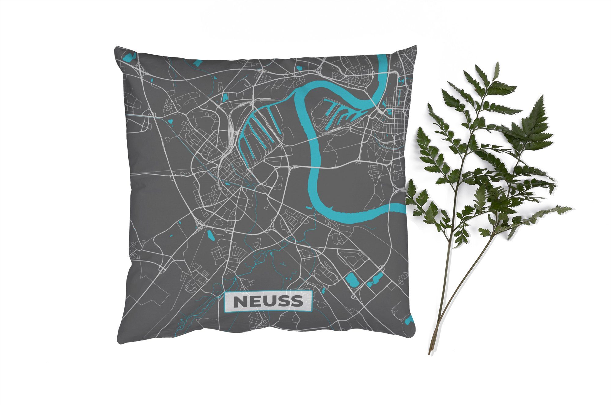 MuchoWow Dekokissen Stadtplan - Karte - Neuss - Blau - Deutschland - Karte, Zierkissen mit Füllung für Wohzimmer, Schlafzimmer, Deko, Sofakissen