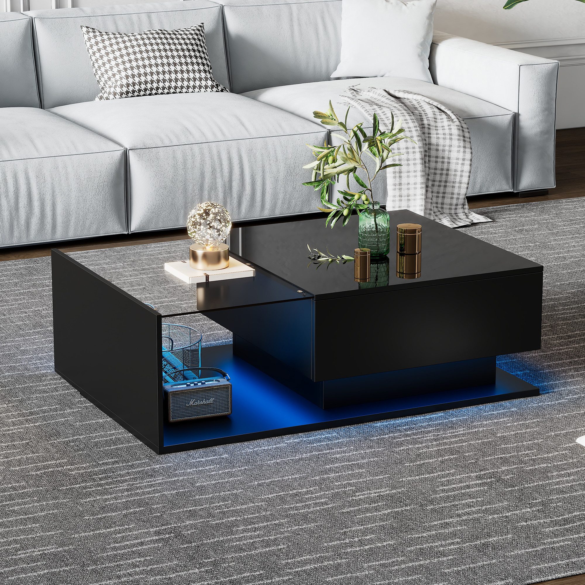 STILVORA Couchtisch Sofatisch mit Glastischplatte,Wohnzimmertisch mit LED&L günstig online kaufen