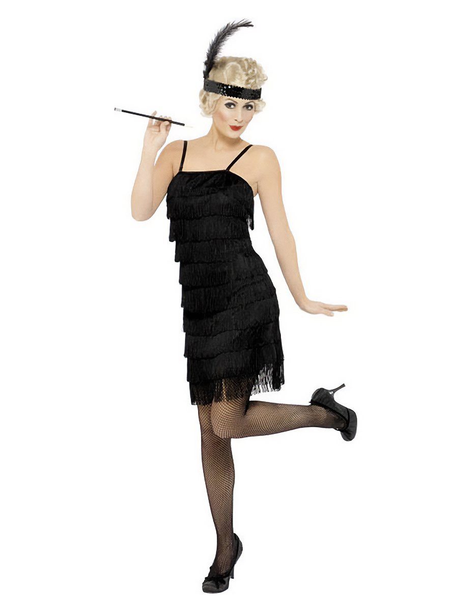 Smiffys Kostüm Schwarzes 20er Jahre Kleid mit Fransen, Cocktailkleid für Flapper der Goldenen 20er