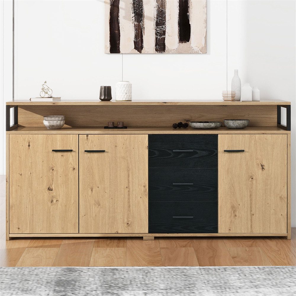 XDeer Anrichte Industrielles Sideboard mit drei Türen und drei Schubladen, Kommode Küchenschrank, Mehrzweckschrank, Aufbewahrungsschrank