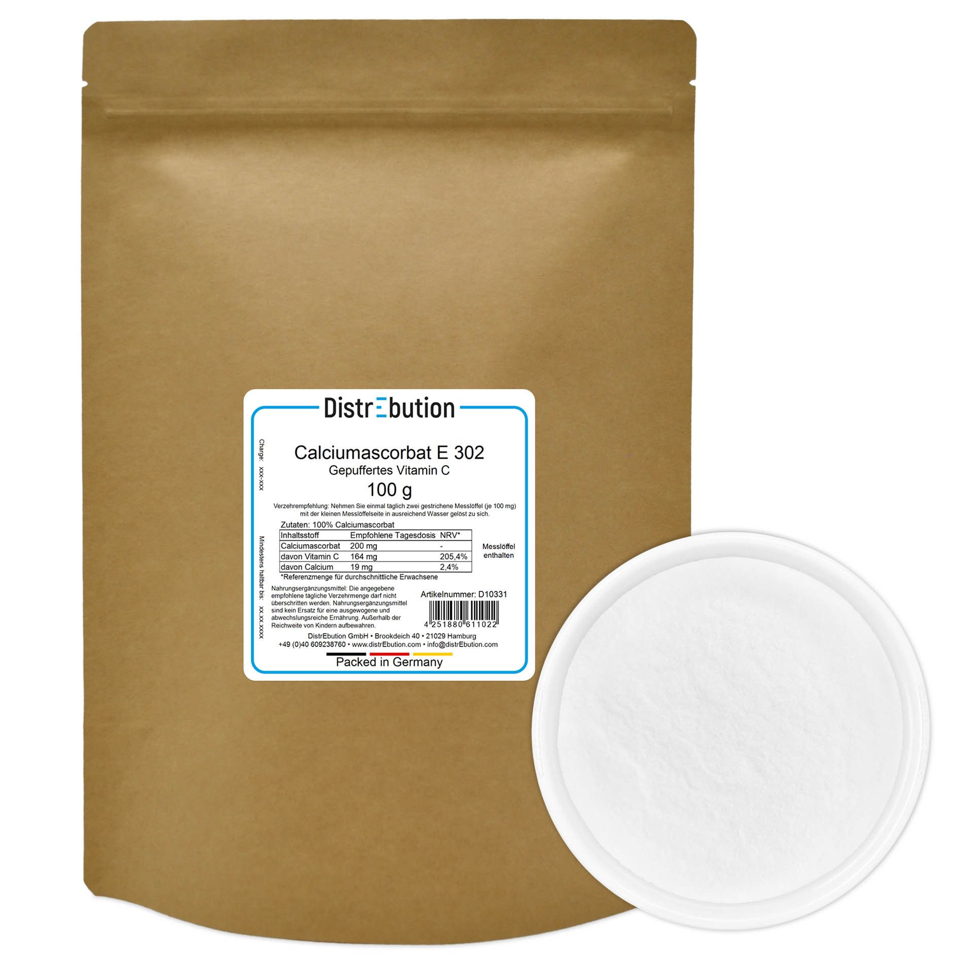 DistrEbution Vitamin C Pulver, Rein und Gepuffert, Calciumascorbat E 302 Pulver, 100 g