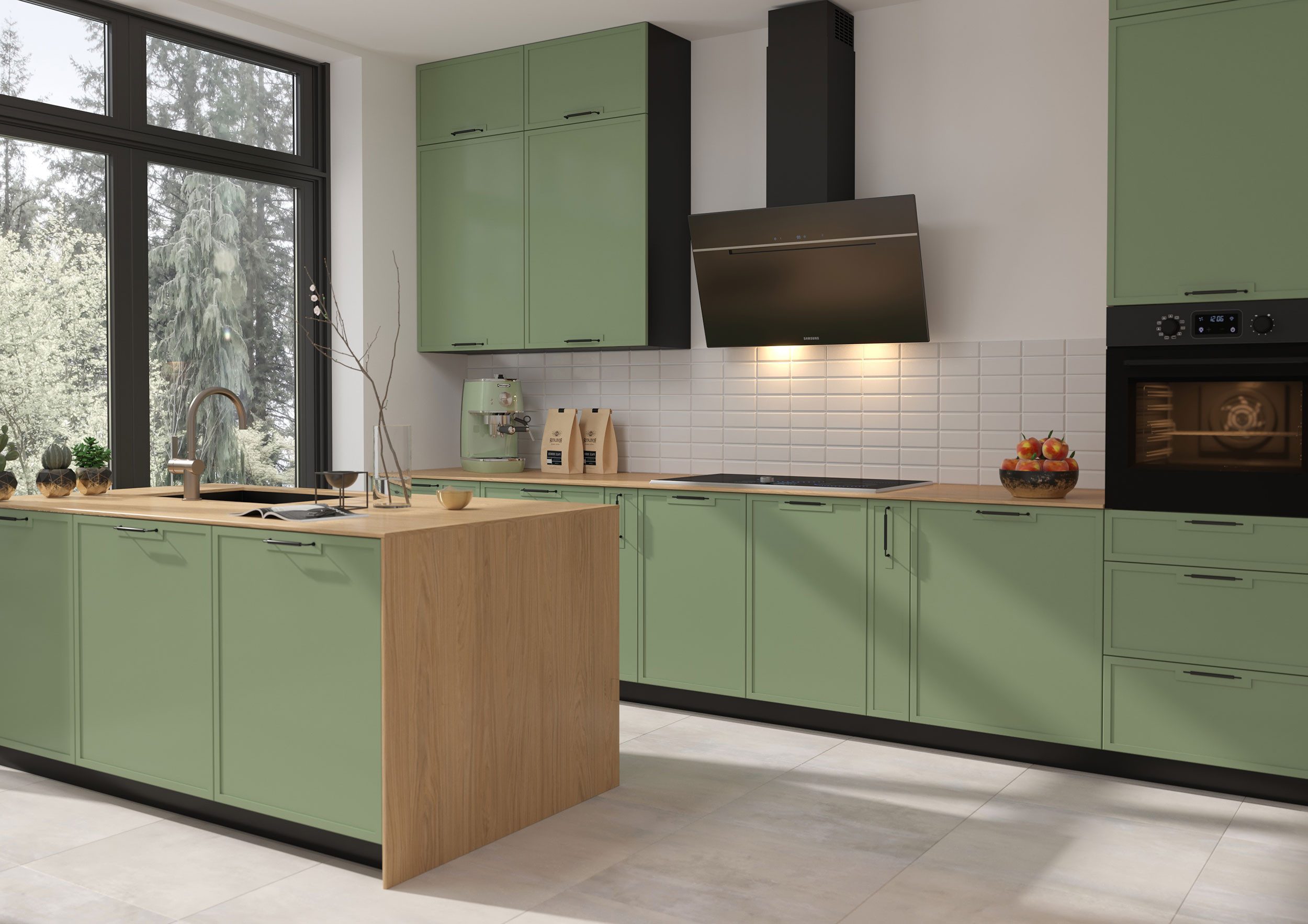 Feldmann-Wohnen Küchenzeile Andria, (Küchenzeile mit Kücheninsel, Blum Teilauszug), 350cm RAL 6021 blassgrün / schwarz, 19-teilig