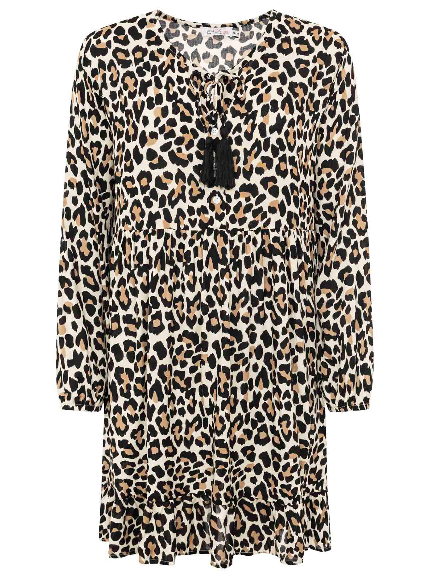 Zwillingsherz Sweatkleid "Leo Dream" Leomuster, figurumspielend, pinke Tassel, lange Ärmel