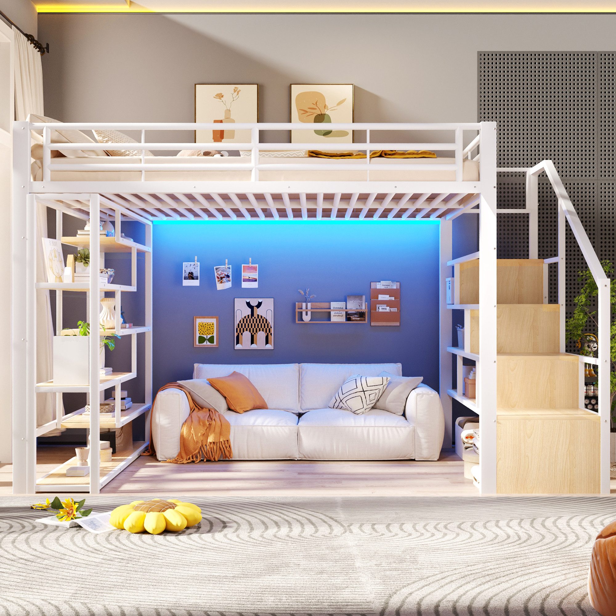 muvano Bett Hochbett 140x200 Metall Weiß mit Stauraum LED Treppe