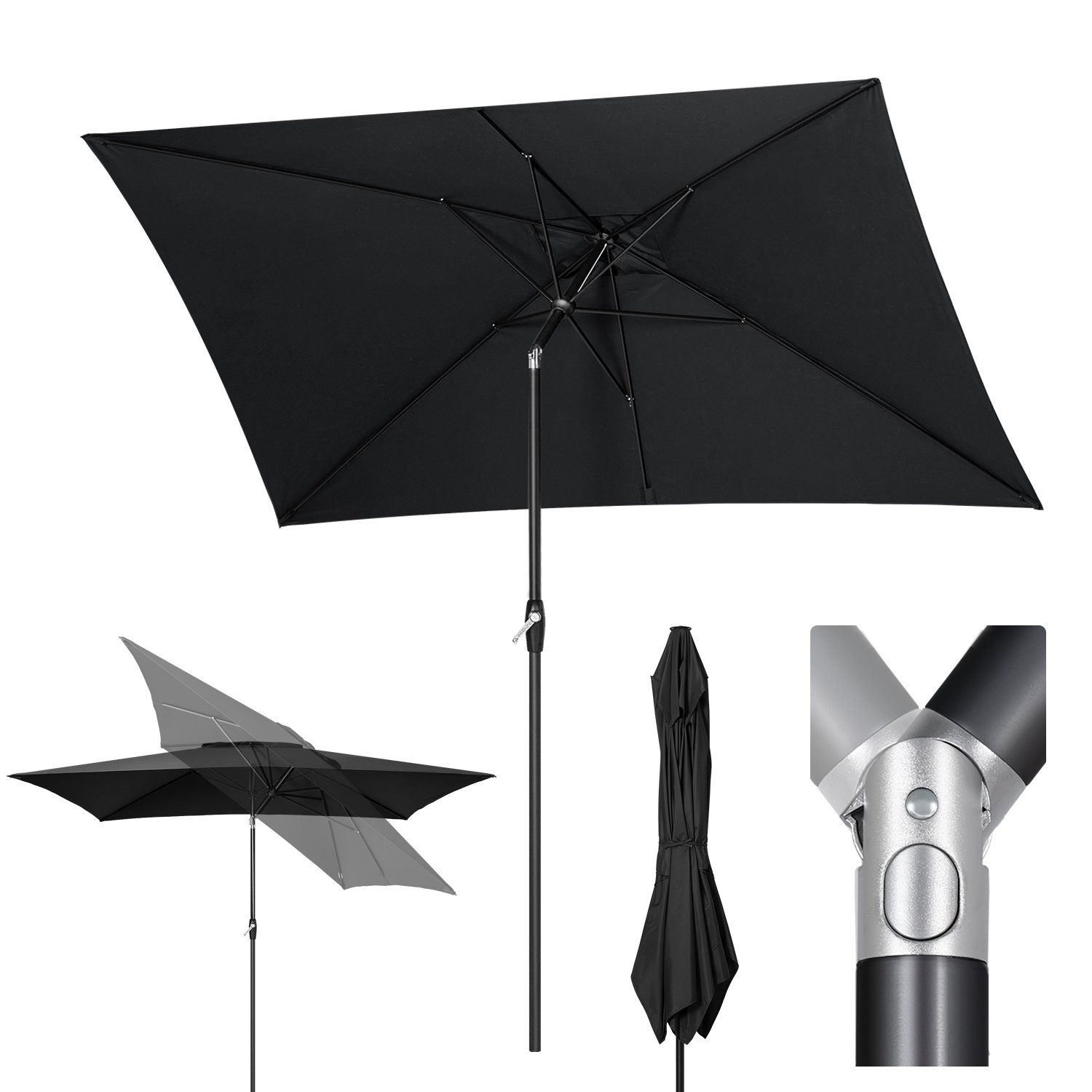 Sekey Sonnenschirm Rechteckig 3x2 m Sonnenschirm Aluminium Marktschirm mit Kurbel, Gartenschirm Groß, mit/ohne LED-Lichtern, 30° knickbar, für Garten