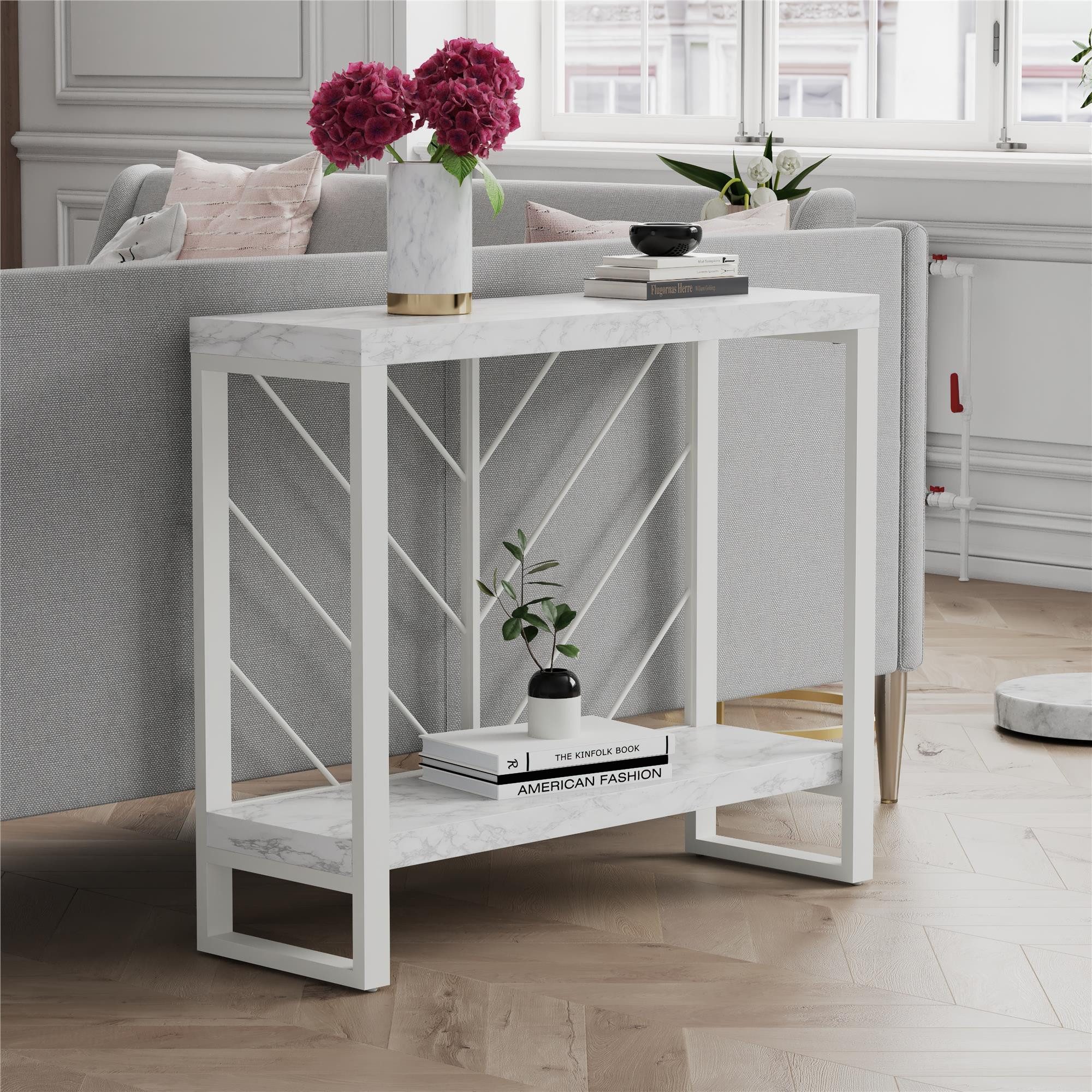 loft24 Konsolentisch Brielle - Flurtisch Eingangstisch Beistelltisch Dielentisch, Tischplatte in Marmoroptik, Gestell aus Metall, Breite 90 cm