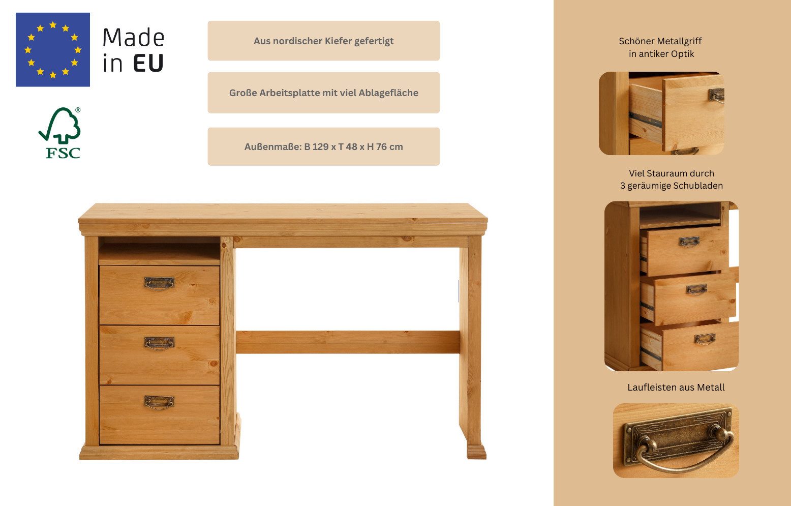 OTTO home Schreibtisch Konrad, aus zertifiziertem Massivholz, mit Schubladen, Breite 129 cm