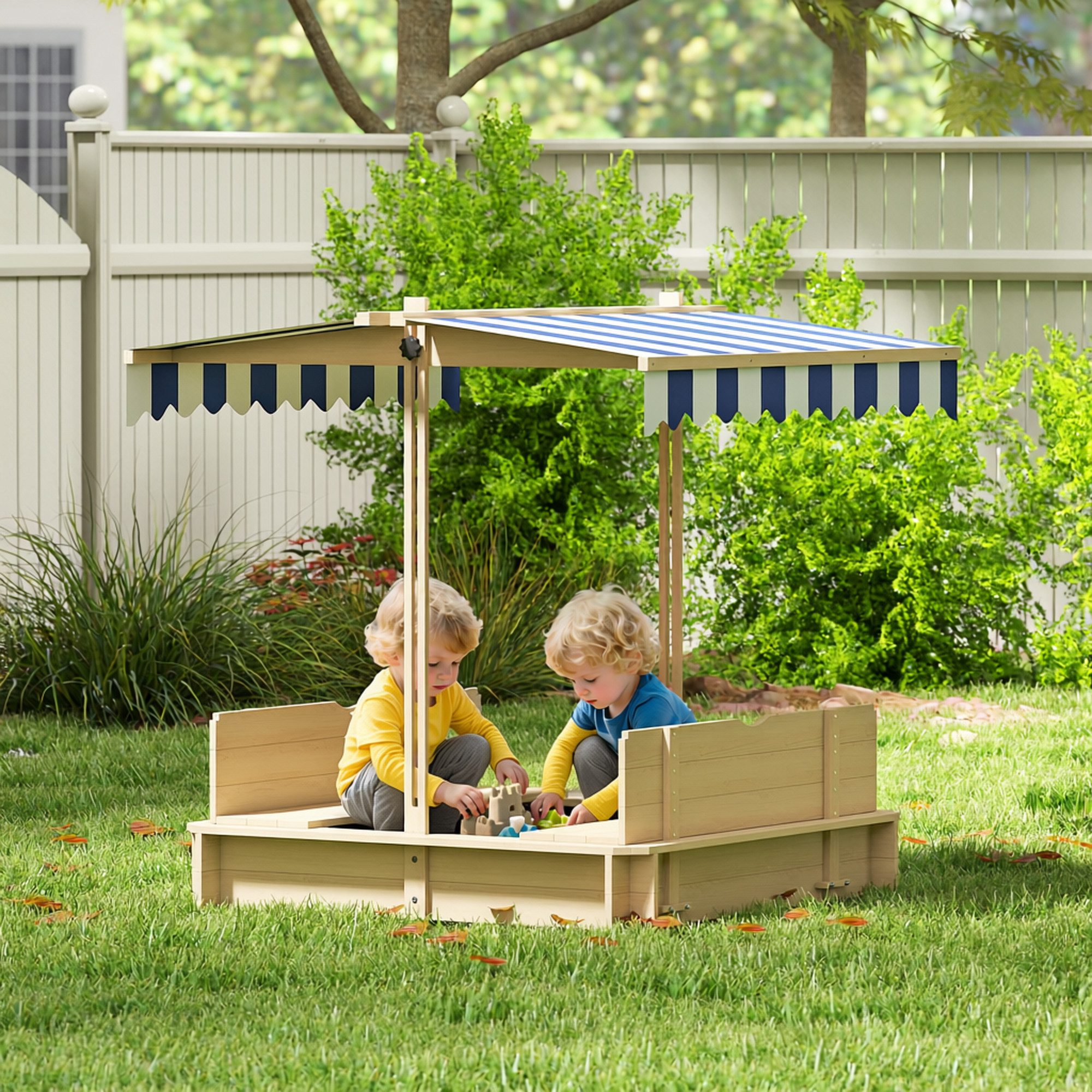 Outsunny Sandkasten Kinder Sandbox 106x106 cm mit höhenverstellbar Abdeckung aus Holz, (Sandkiste, 1-tlg., Sandkasten), für Garten, Balkon, Natur