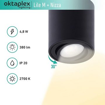 Oktaplex lighting LED Deckenstrahler 3er Set Aufbaustrahler inkl. LED Module 4,8W 380 Lumen, schwenkbar, Leuchtmittel wechselbar, warmweiß, 2700 Kelvin 230V Höhe 80mm schwarz