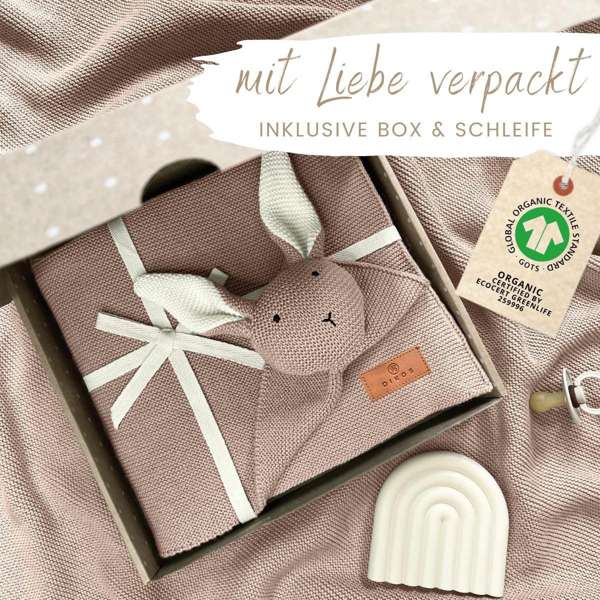 Babydecke DIKOS® Babydecke SCHMUSE-HASE Baby Geschenk Mädchen Junge Geschenkset, DIKOS, Geschenk zur Geburt, PREMIUM Qualität, 100 % BIO Baumwolle, nachhaltig