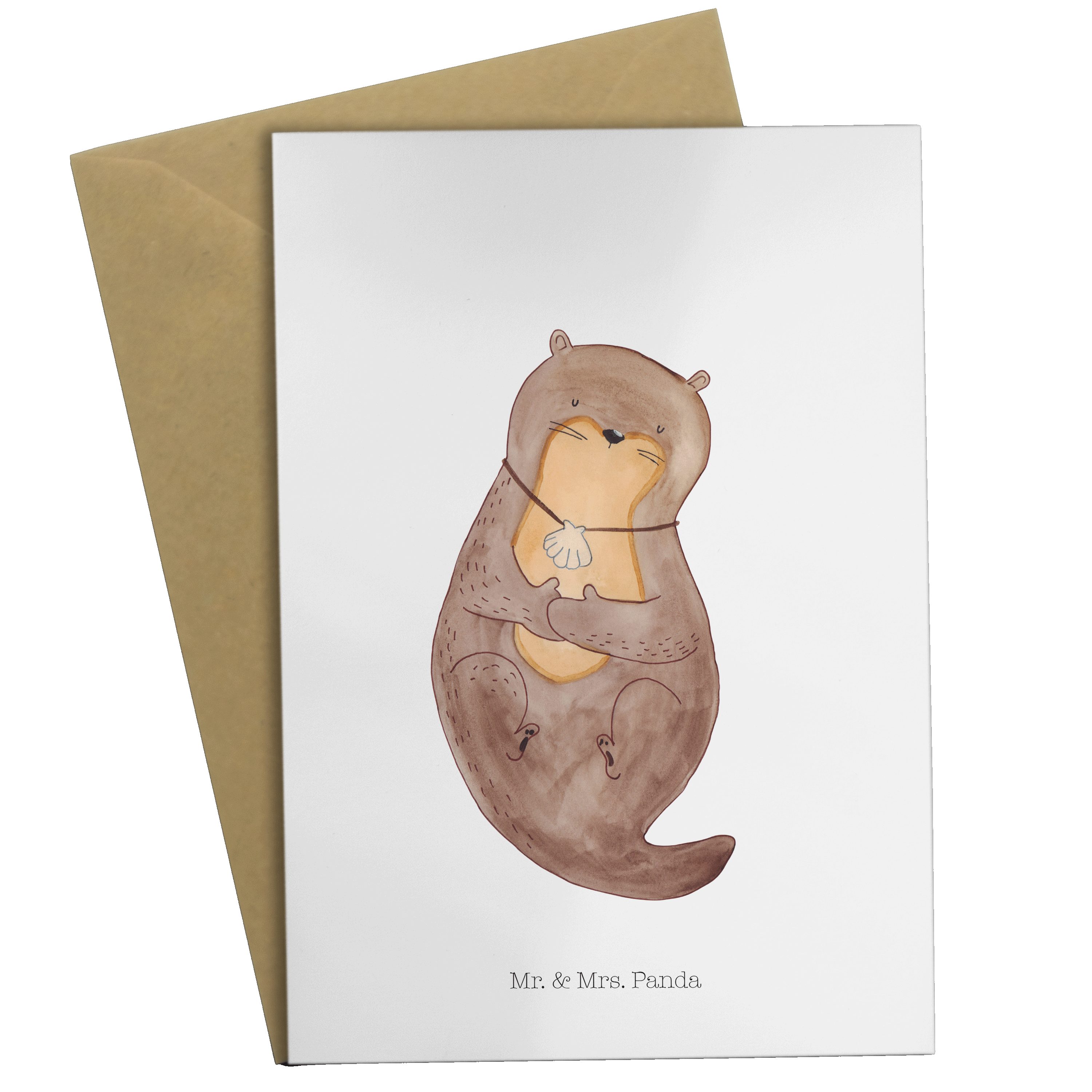 Mr. & Mrs. Panda Grußkarte Otter mit Muschelmedaillon - Weiß - Geschenk, Hochzeitskarte, Karte