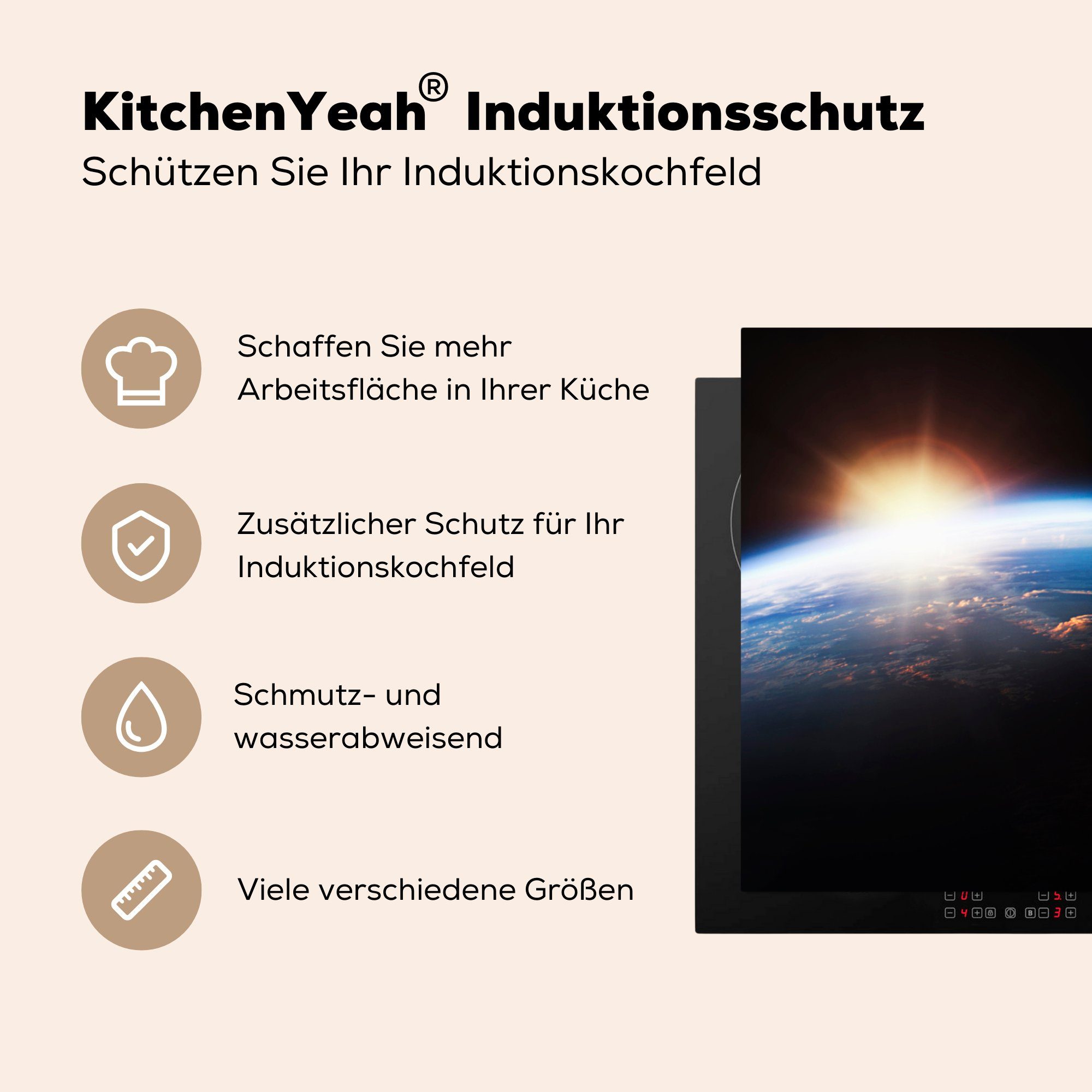 MuchoWow Herdblende-/Abdeckplatte Der tlg), Induktionskochfeld (1 Schutz Planeten 81x52 küche, Ceranfeldabdeckung cm, die über Vinyl, Erde, dem Sonnenaufgang für