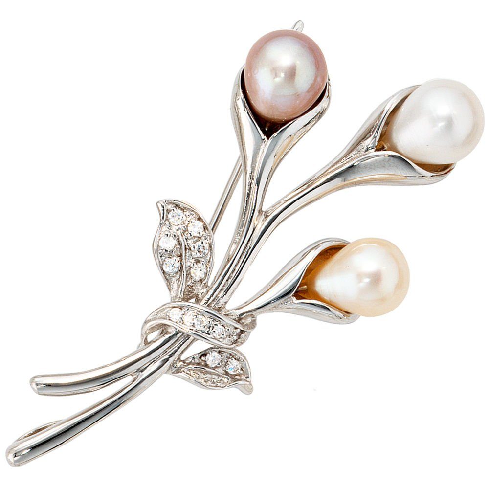 Schmuck Krone Brosche Brosche mit Zirkonia & Süßwasserperlen, 925 Silber, Silber 925