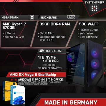 SYSTEMTREFF Basic Gaming-PC (AMD Ryzen 7 5700G, RX Vega 8, 32 GB RAM, 2000 GB HDD, 1000 GB SSD, Luftkühlung, Windows 11, WLAN)