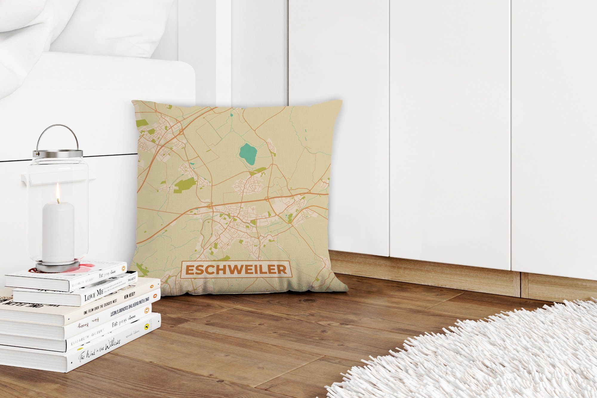 mit Deko, - - Dekokissen Stadtplan, Karte Zierkissen Eschweiler Sofakissen Schlafzimmer, MuchoWow - Füllung für Wohzimmer, Jahrgang