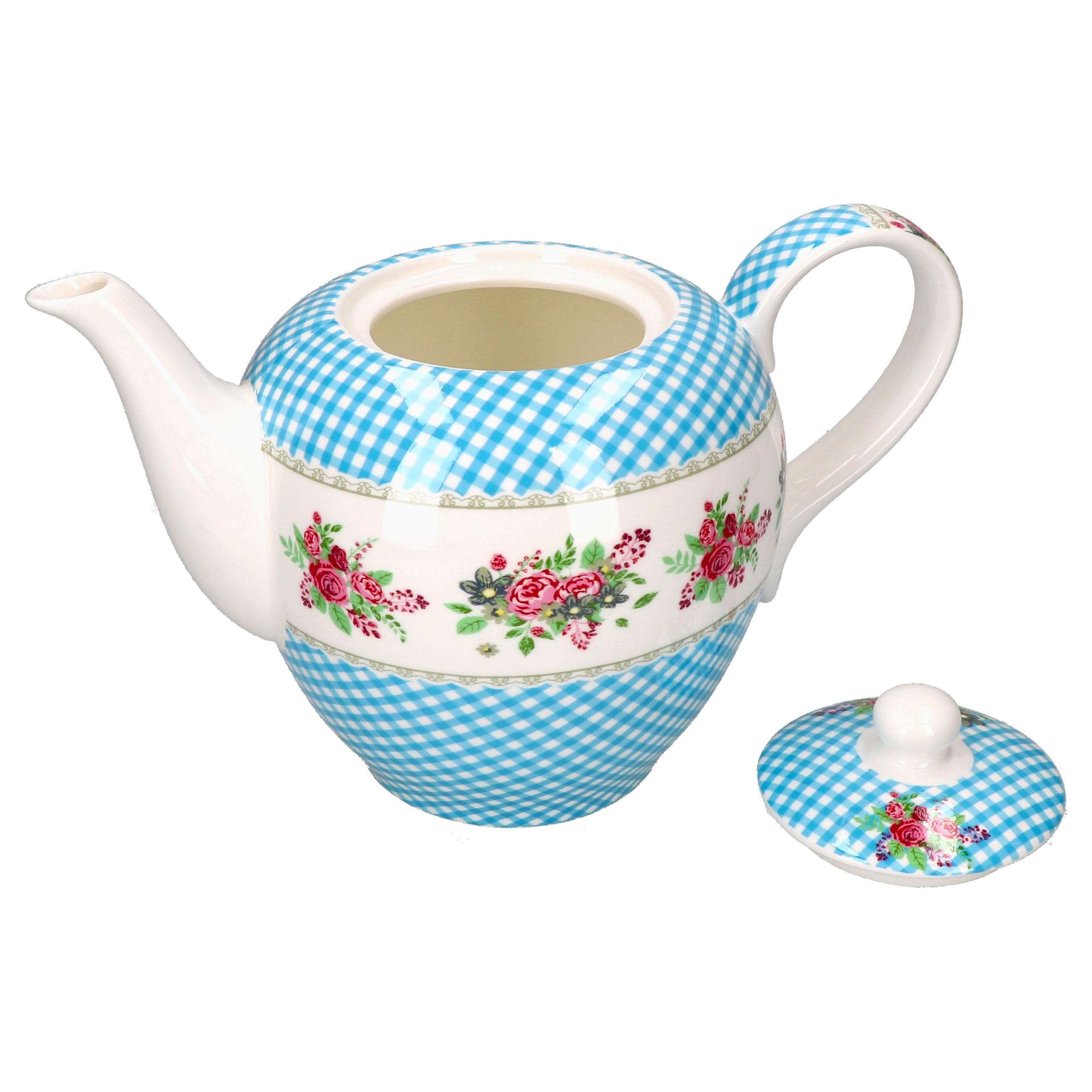 MamboCat Teekanne Blüten Blau kariert Kanne 1,1L mit Deckel Porzellan Kaffee-Krug