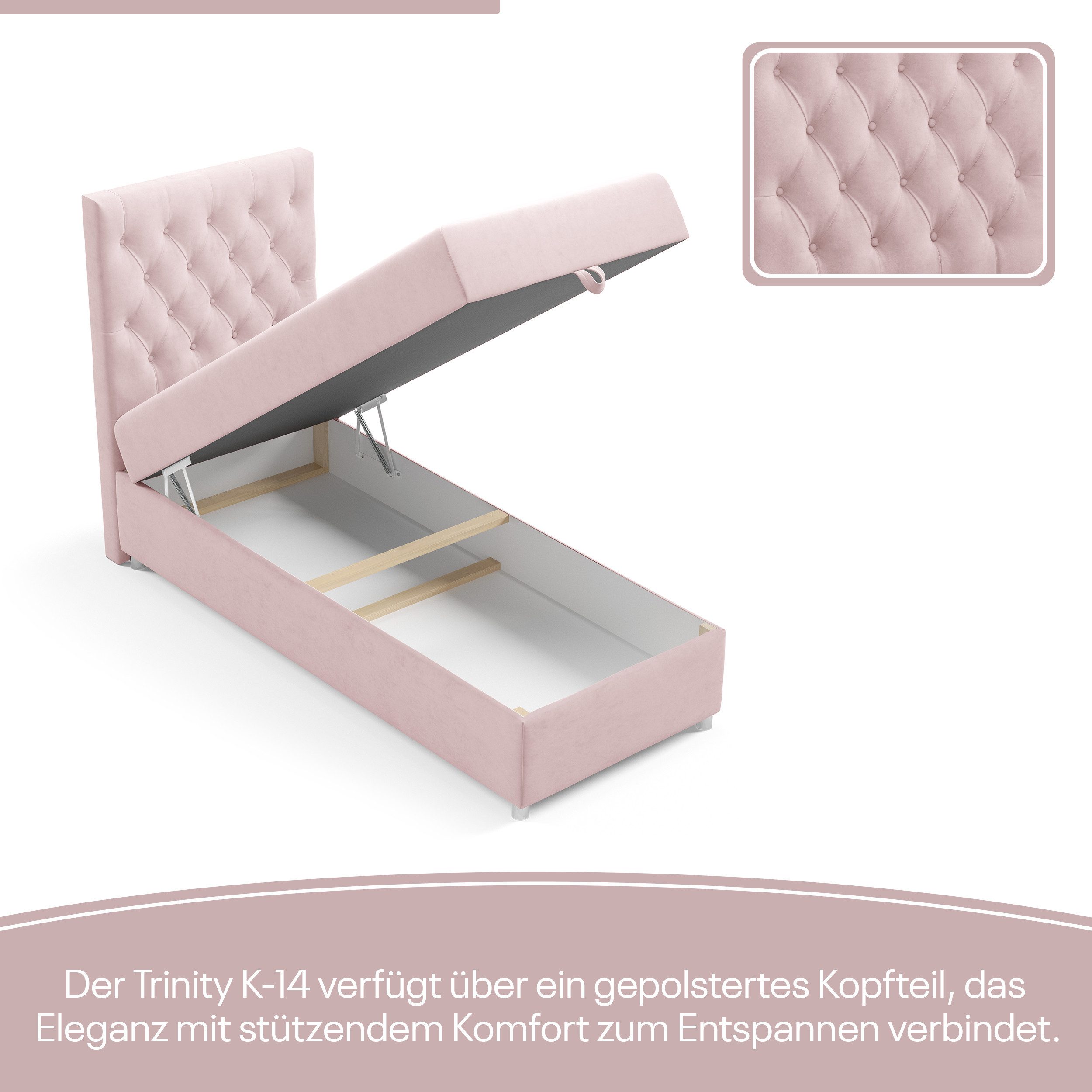 Best for Home Boxspringbett Trinity K-14 mit Bettkasten & PUR-Topper Komfort – Einzelbett (Komplettset, 1-St., 70x200 80x200 90x200 100x200 cm), Stauraumfunktion, 18 cm Bonellfederkernmatratze H3
