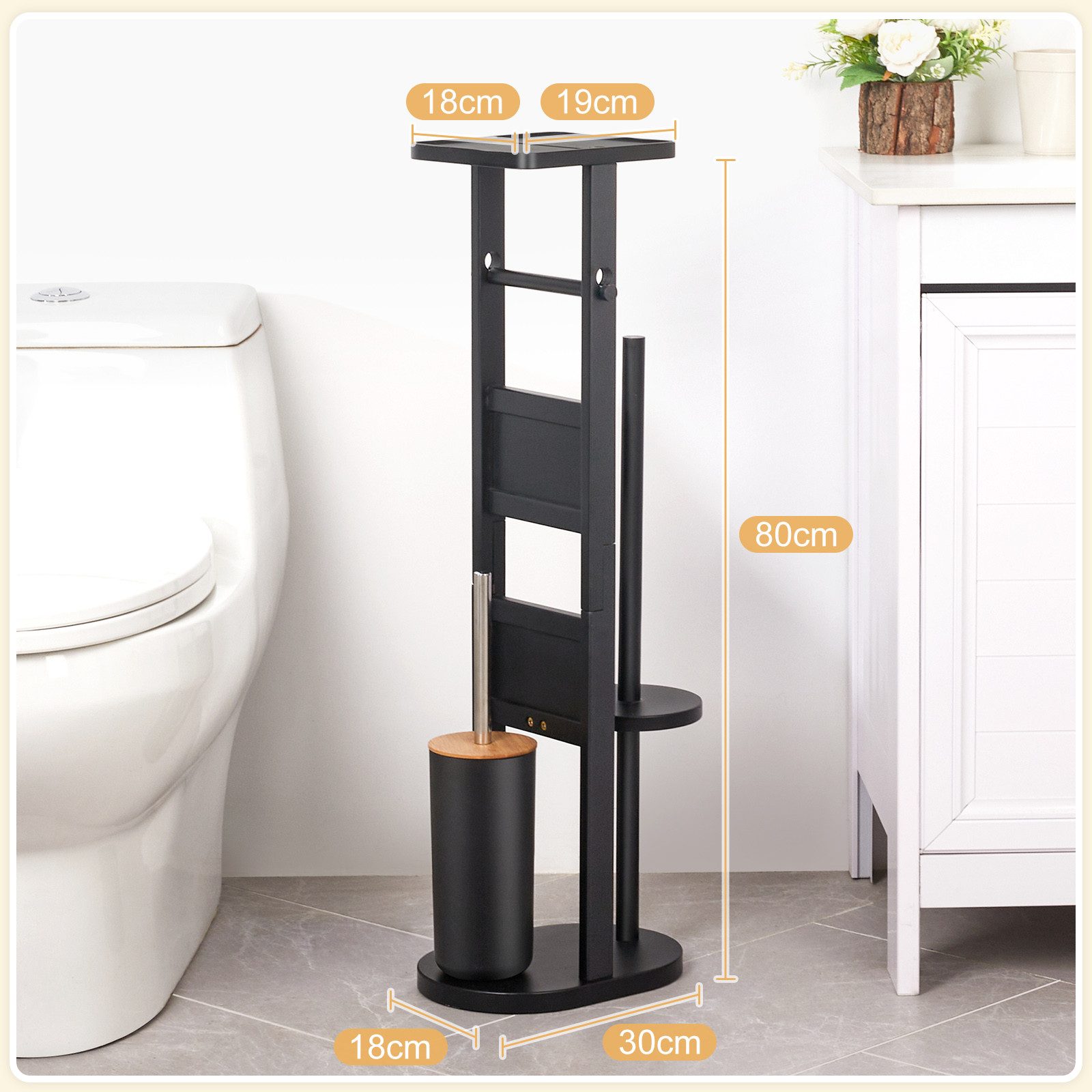 Yorbay WC-Garnitur Toilettenpapierhalter stehend aus Bambus, (WC-Bürstenhalter/Ablage, /Toilettenbürste/Klorollenhalter), Stand WC Garnitur mit Klobürste für WC – Bild 4 von 5