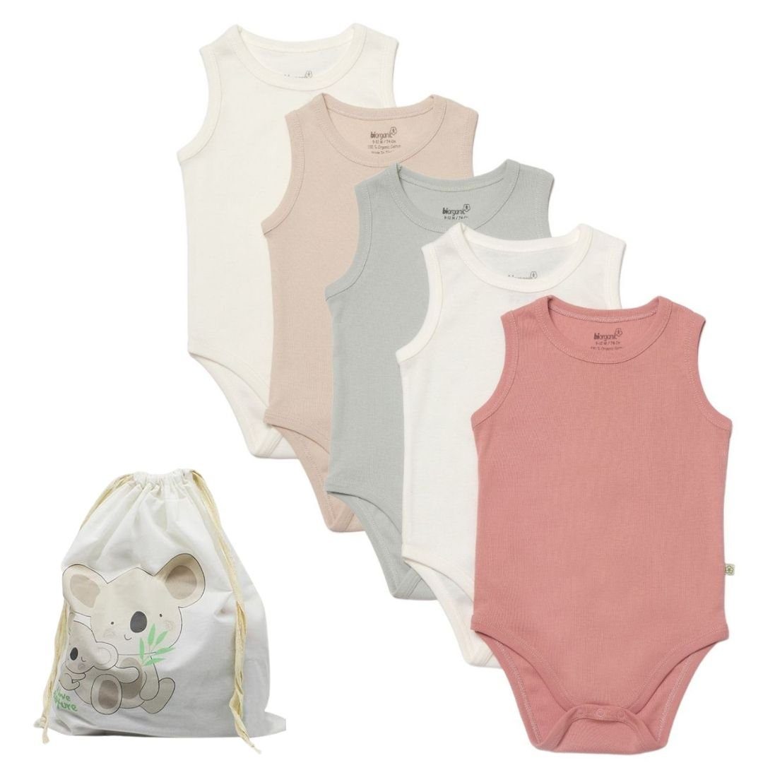 mit Unisex Body 5er-Pack) Bio-Baumwolle, 100% Body praktischen Baby (Set, biorganic Ärmellos, Mehrfarbig/Ecru, 5-tlg., Druckknöpfen GOTS,