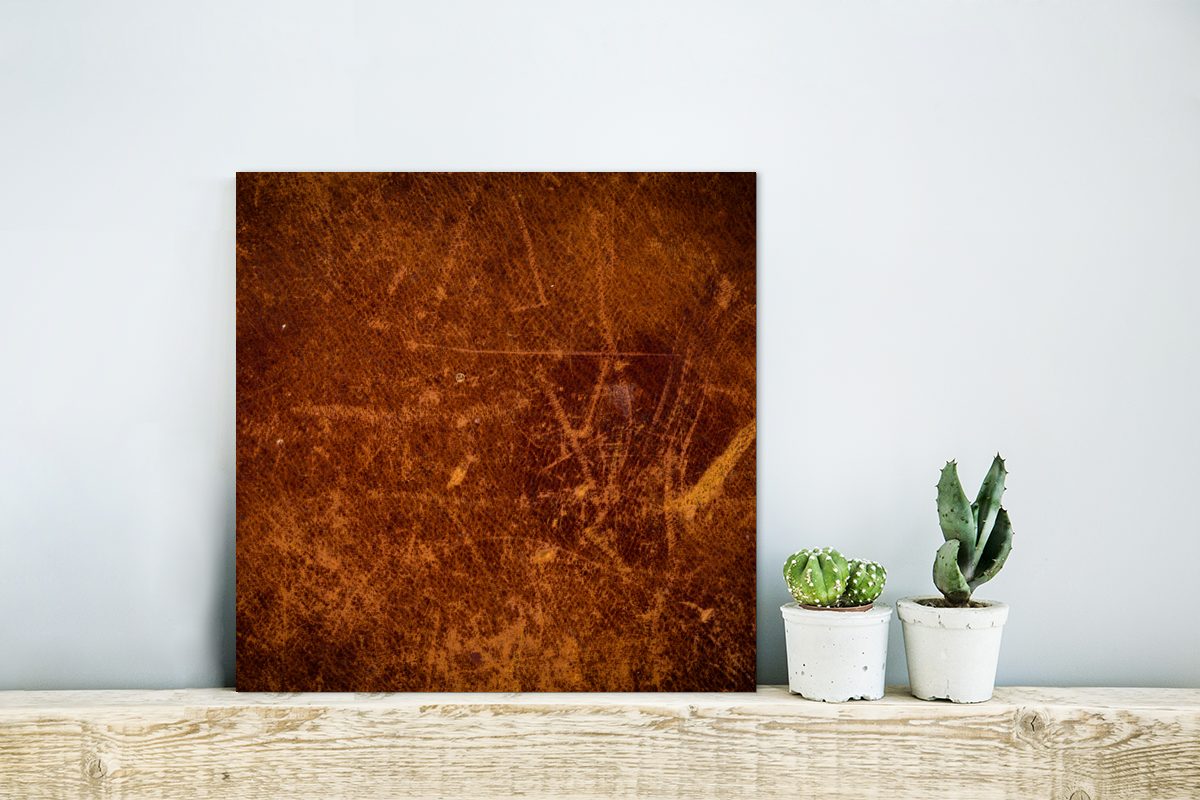 MuchoWow Metallbild Leder - Orange, St), - Aluminium Metall, deko (1 Alu-Dibond-Druck, Lederoptik Braun - aus Gemälde