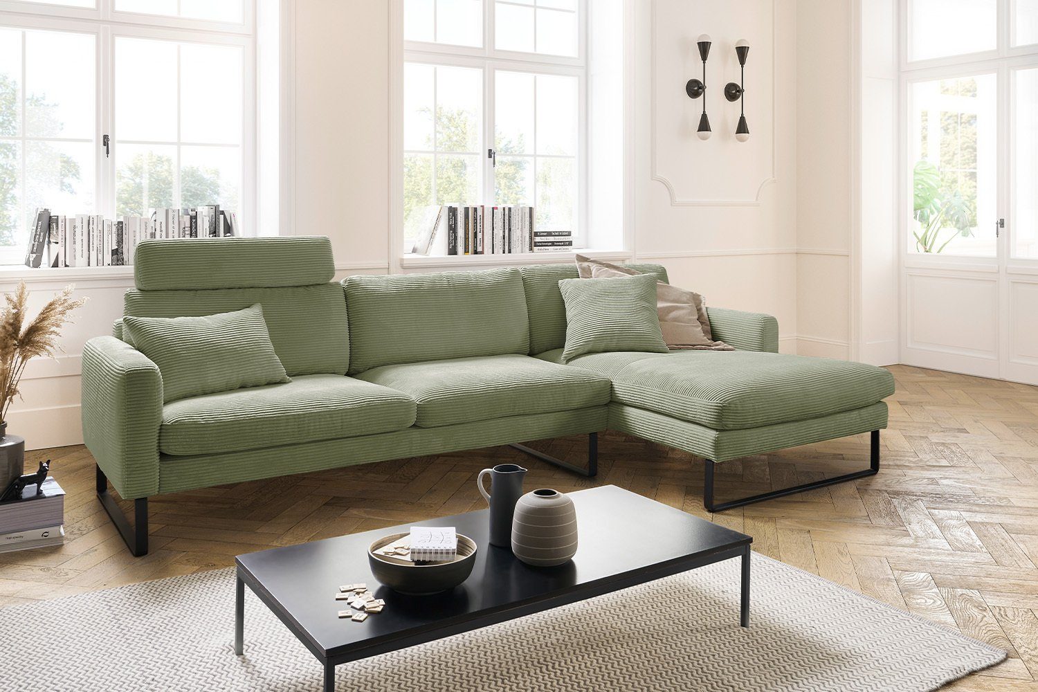 KAWOLA Ecksofa RICARDA, Sofa Cord, Recamiere links od. rechts, versch. Farben olivgrün | Ecksofas