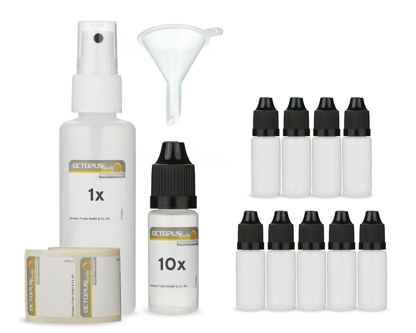 OCTOPUS Kanister Flaschenset für Alkoholtinten, 10x LDPE, 1x m. 50ml HDPE 10ml Zerstäub