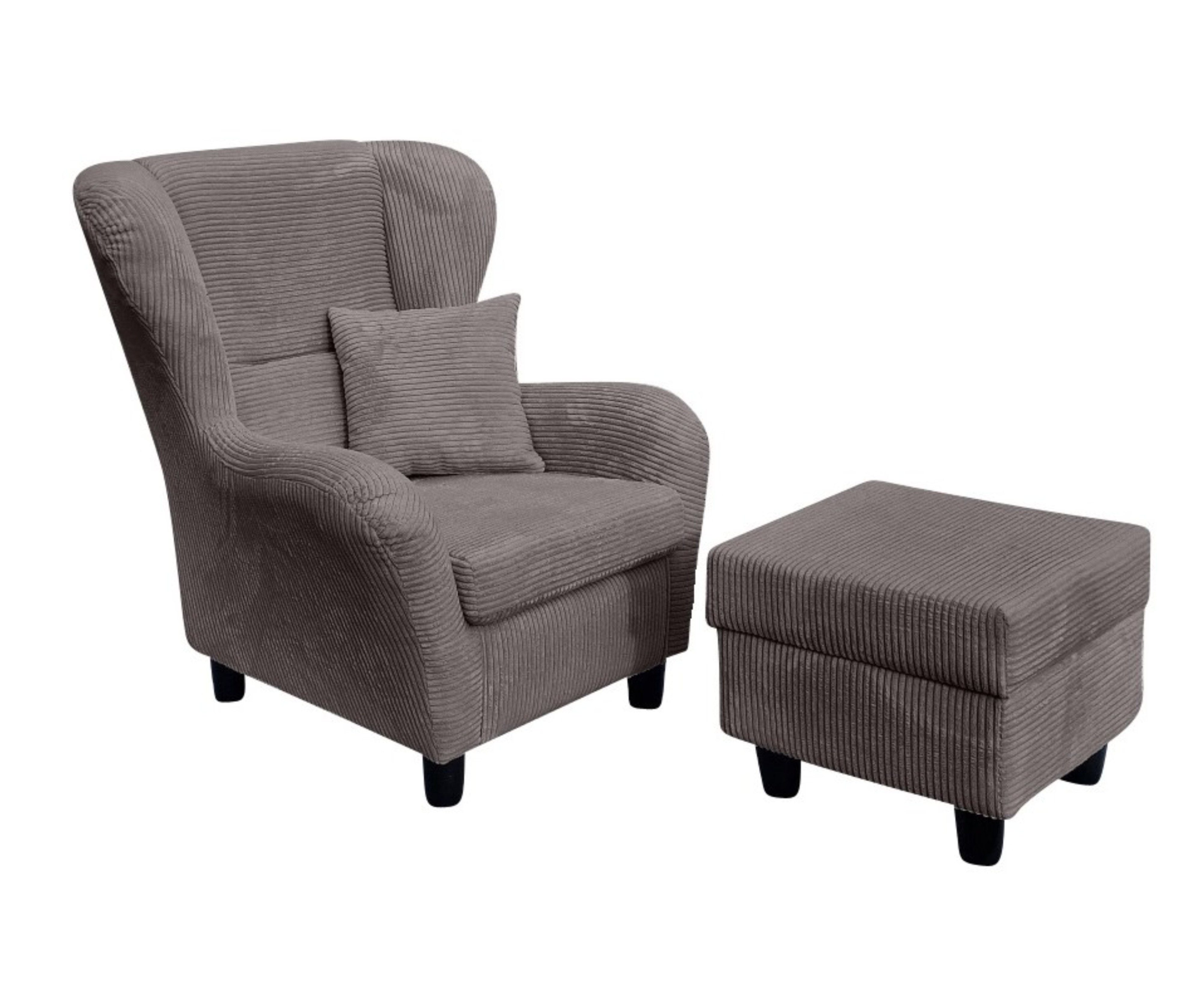 luma-home Ohrensessel 18019 (mit Hocker und Zierkissen, Wellenunterfederung, B90/H98/T76 cm), Lesesessel mit Echtholzfüßen, Bezug Cordstoff in Grau