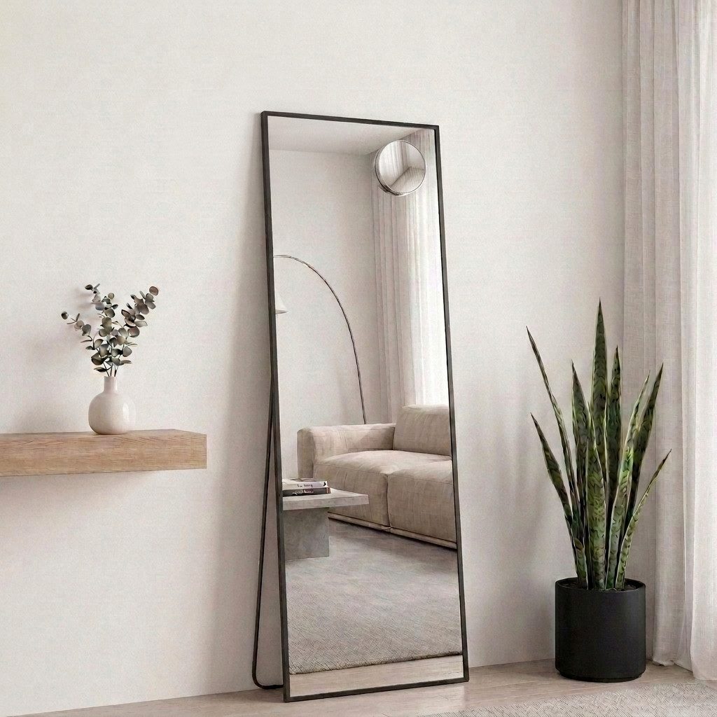 SONGMICS Standspiegel Ganzkörperspiegel mit saughaftem, verschiebbarem Vergrößerungsspiegel (set), stehend oder wandmontiert, 160 x 50 / 150 x 40 cm, Hartglas, gewölbt