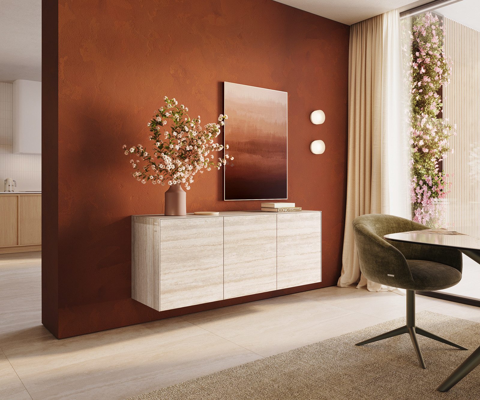 DELIFE Sideboard Cuor, Keramik Laminam® Travertino Bianco Creme-Weiß 150 cm 3 Türen Schwebend
