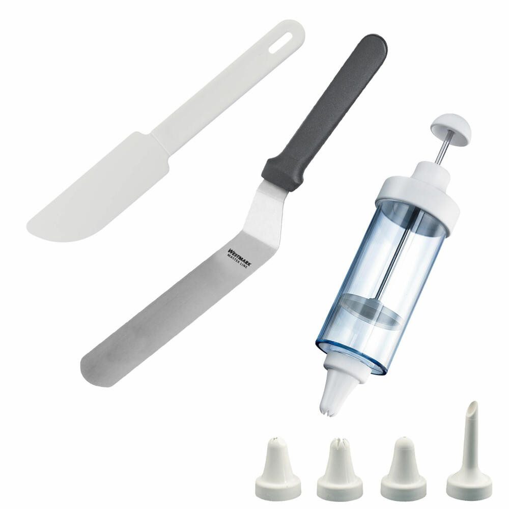 WESTMARK Tortenwerkzeug Back-Set, 3-tlg.: Garnierspritze mit 5 Tüllen, Winkelpalette, Inkl. Schaber