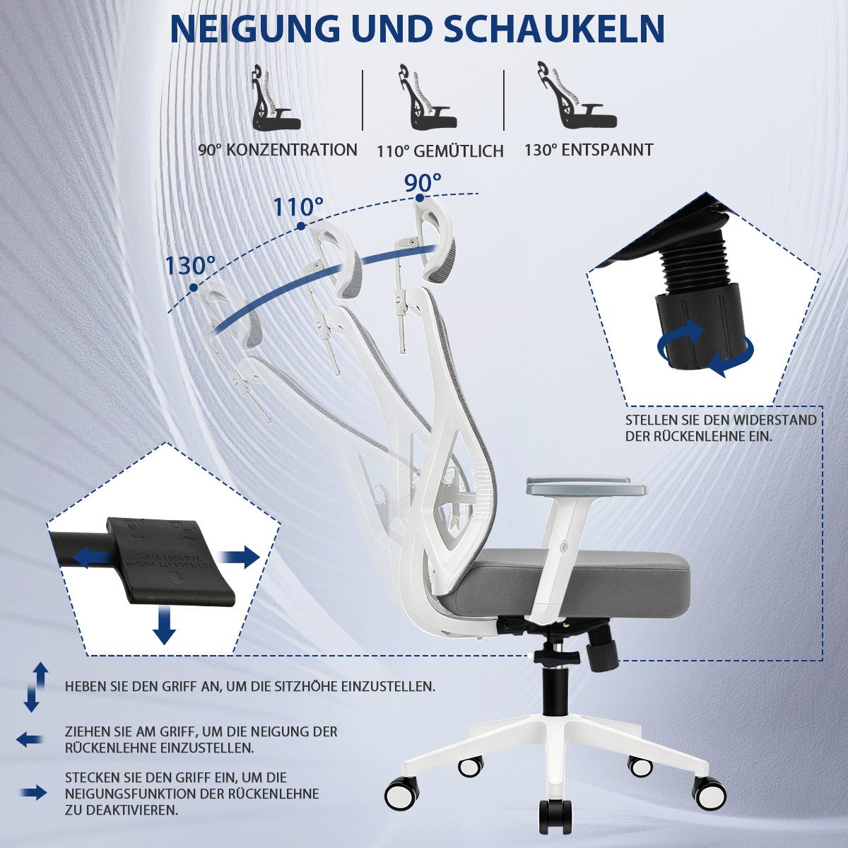 Durrafy Bürostuhl 200kg Ergonomischer Bürostuhl-Verstellbare Lordosenstütze (Verstellbare Lendenwirbelstutze + Kopfstutze + hohenverstelbare Armlehnen),bis zu 130° neigbar, atmungsaktives Netzgewebe, Drehstuhl),bis zu 130° neigbar, atmungsaktives Netzgewebe, Drehstuhl